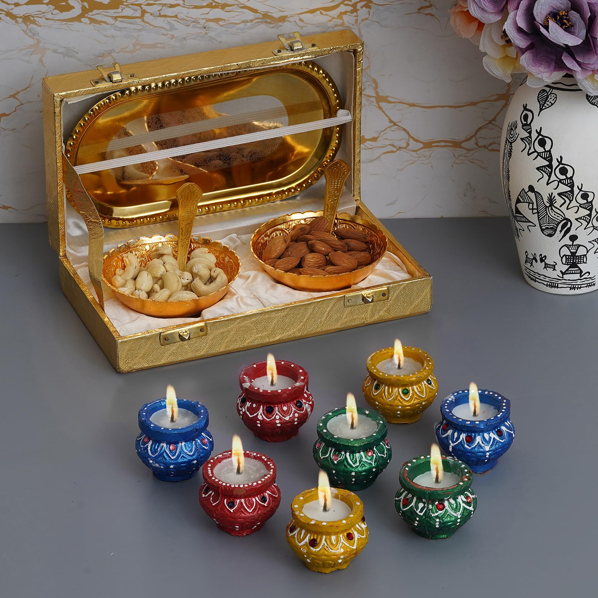 KUSHAL CREATIONS Silver Plated Festival Gift Silver Plated Brass Bowls Set of 5 Pcs. Golden Velvet Box Dinner Set with Matki Diya Set of 8 Pcs.