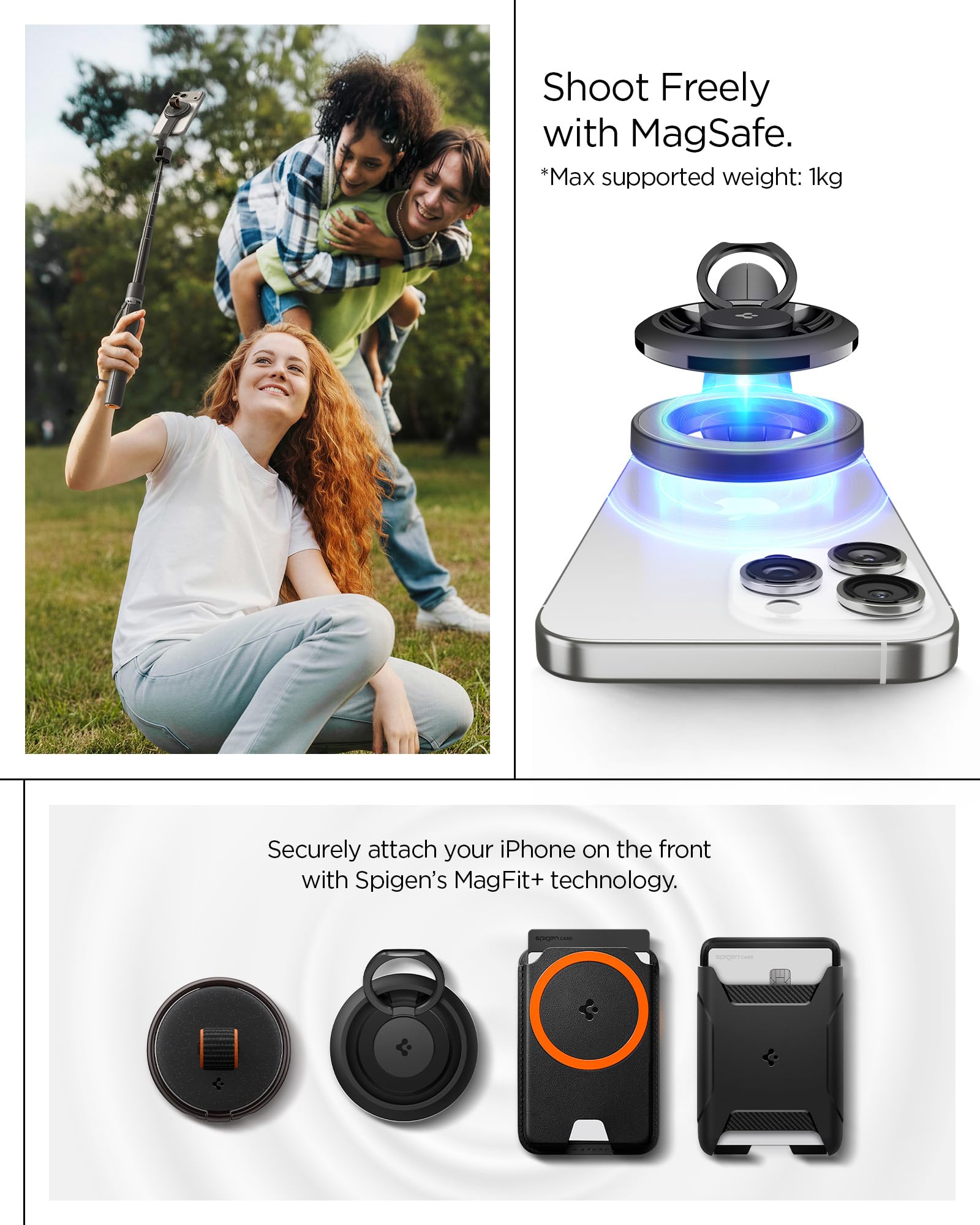 Spigen S582W Selfie Stick Treppiede MagSafe, Bastone Selfie con Telecomando Bluetooth, Estensibile 166,5 cm, Testa 360°, Supporto Magnetico, Anello Universale - Nero