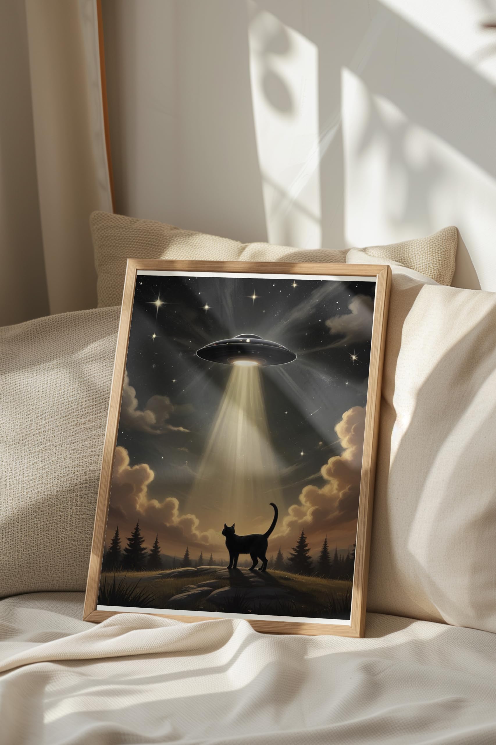 Zestia Ahşap Çerçeveli Tablo, Kedi ve UFO, Işık Hüzmesiyle Kaçırılma Teması Poster No: 107534 50 x 70