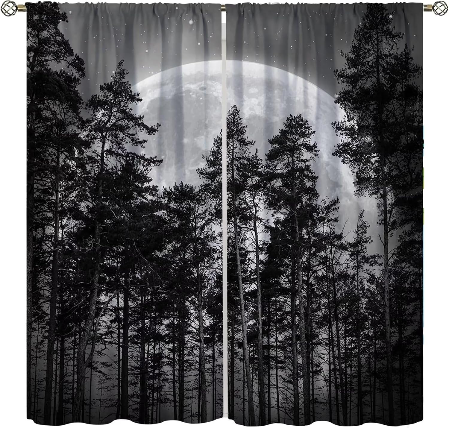 Gothic Forest Curtains,Dark Black Nature Star Tree Scenery Foggy Woodland Landscape Art Printed Window Treatments Living Room Bedroom Window Drapes 2 Panel, 63" X 63"