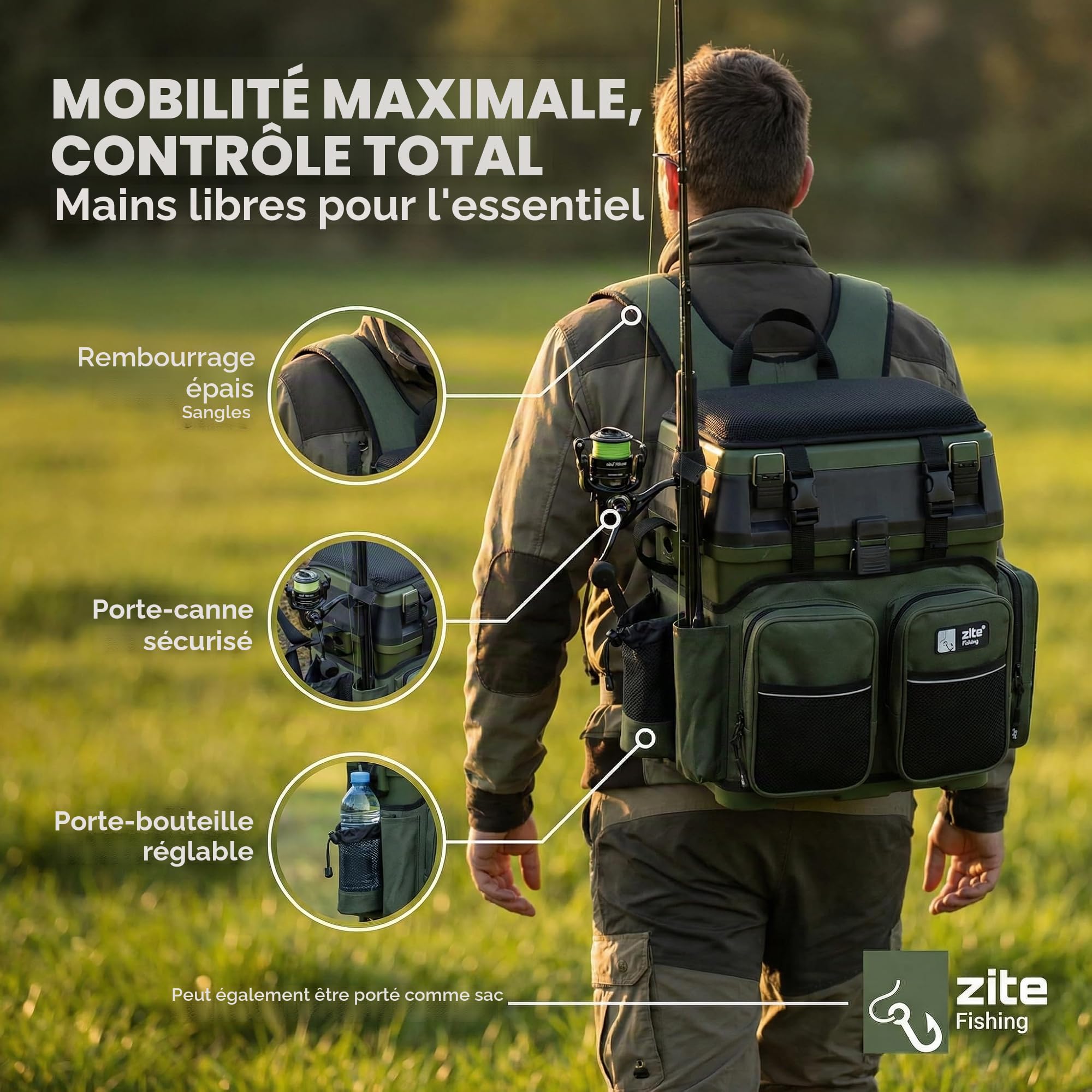 Zite Fishing Sac à Dos Multifonctions avec siège - Comprend 4 boîtes en Plastique dans Le Couvercle - Idéal pour Ranger Les Accessoires de pêche