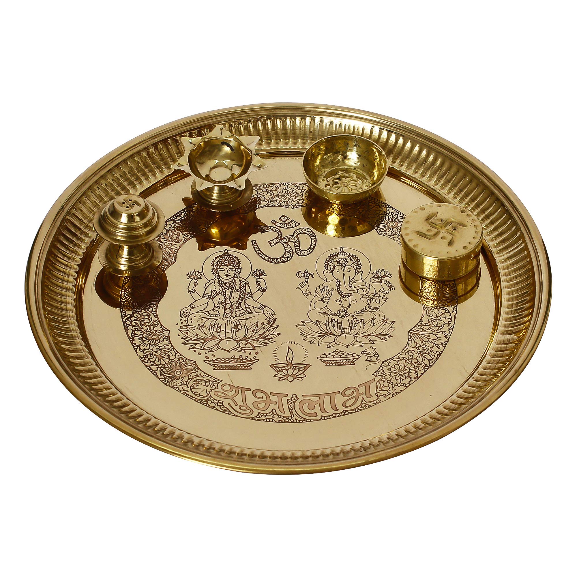 Webelkart Laser Work Laxmi Ganesha Puja Thali Set (laiton) – pour chambre de Diwali Poojan/Pooja/cadeau Diwali – 29,2 cm