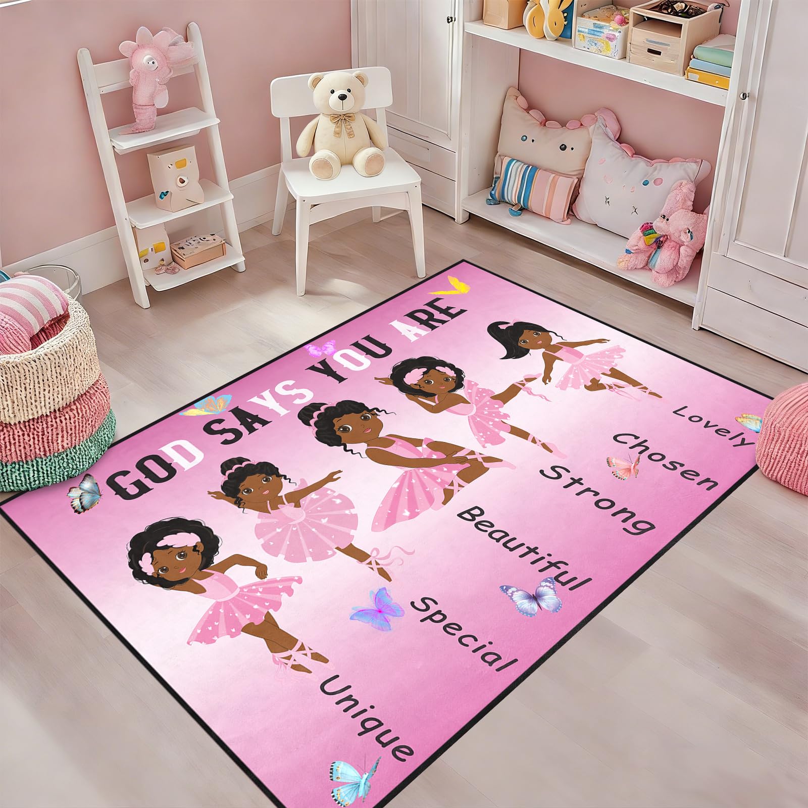 African Black Girl Rugs for Bedroom God Says You are Pink Girls Floor Rug for Living Room Ballerina Princess Carpets for Entrance Religious Room Decor