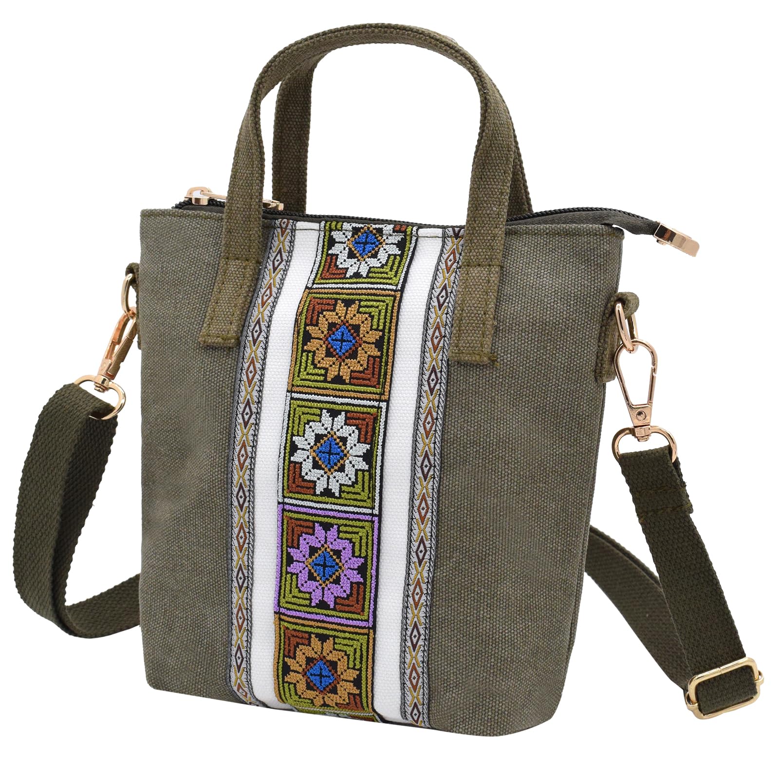TeeYee Damen Klein Boho Canvas Umhängetasche Embroidery Mini Crossbody Bag Handtasche mit Abnehmbarer Schultergurt