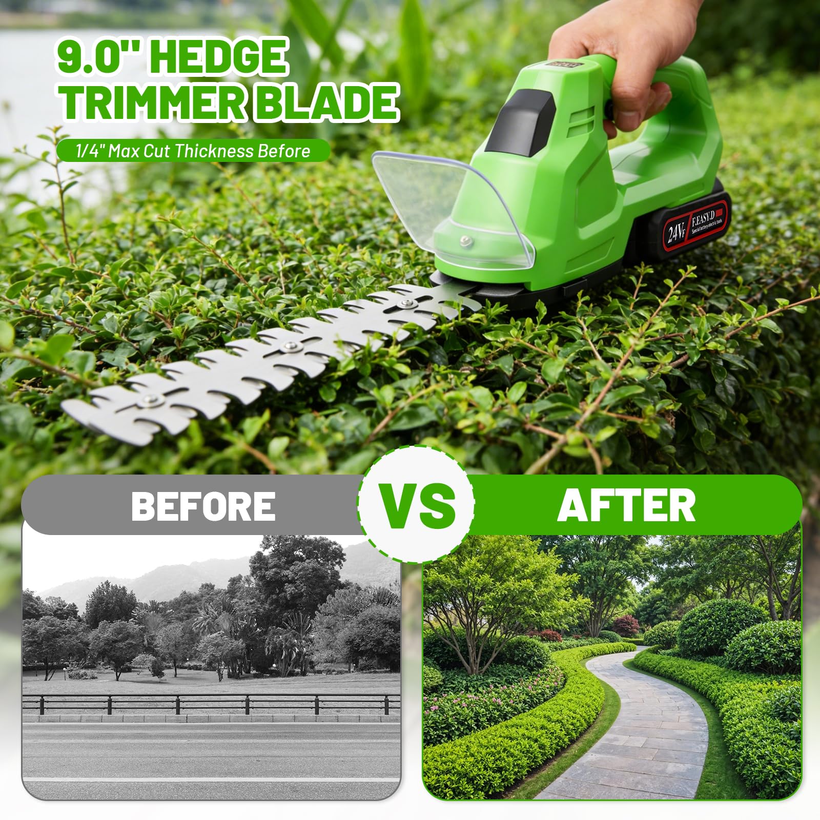 Cortasetos y cortacésped inalámbrico 2 en 1 de 24 V sin escobillas, 2 baterías y Cargador Tijeras Cortasetos eléctricas con 2 Cuchillas Cortasetos + cortacésped Ligeras e inalámbricas para jardinería