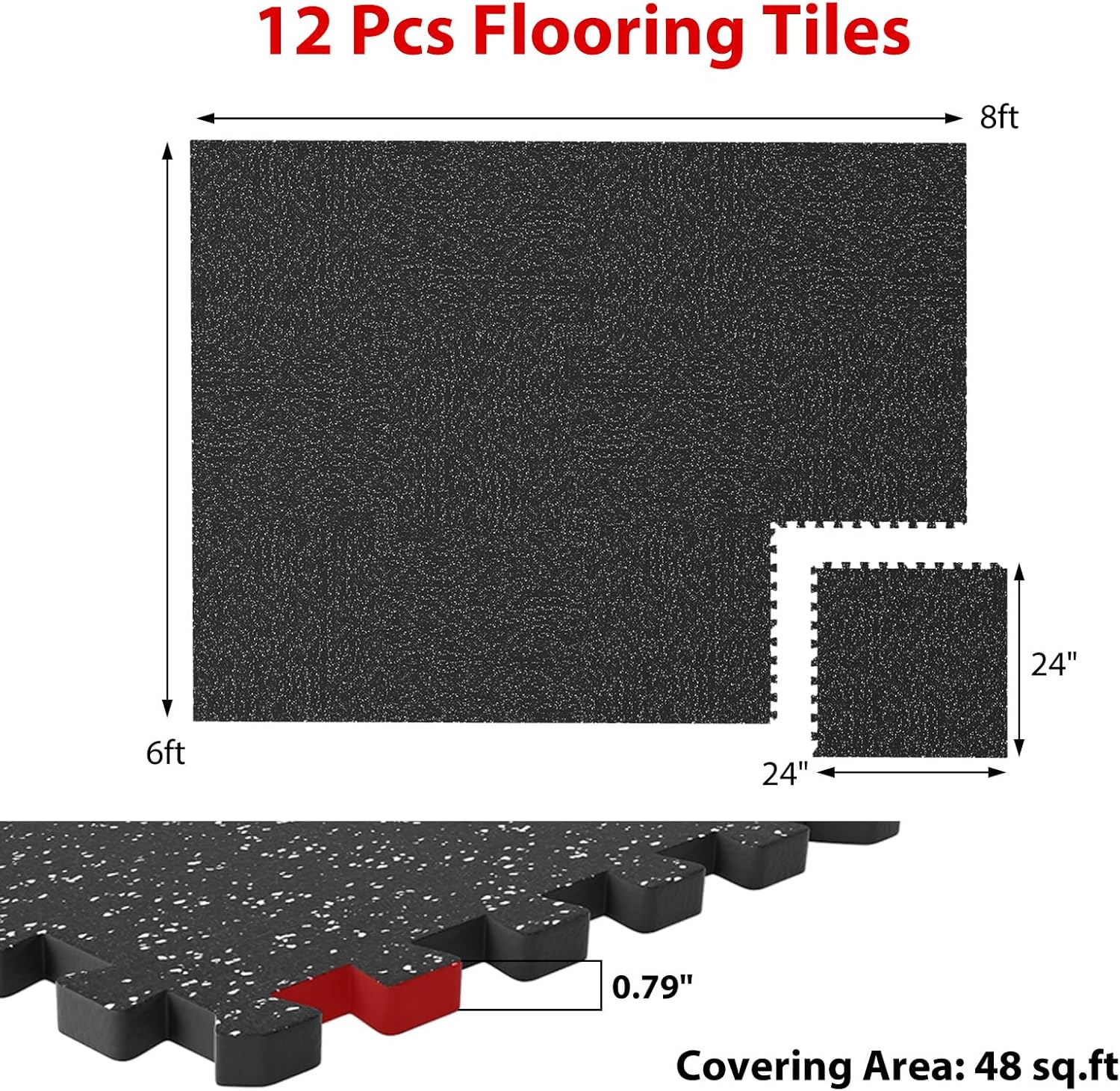 Giantex 24-Pack Interlocking Rubber Gym Floor Mats, 0.79'' Thick 24''x24'' Puzzle Tiles with Border Strips, 96 sq.ft Anti-Slip, Noise-Reducing Flooring for Home Workout & Exercise