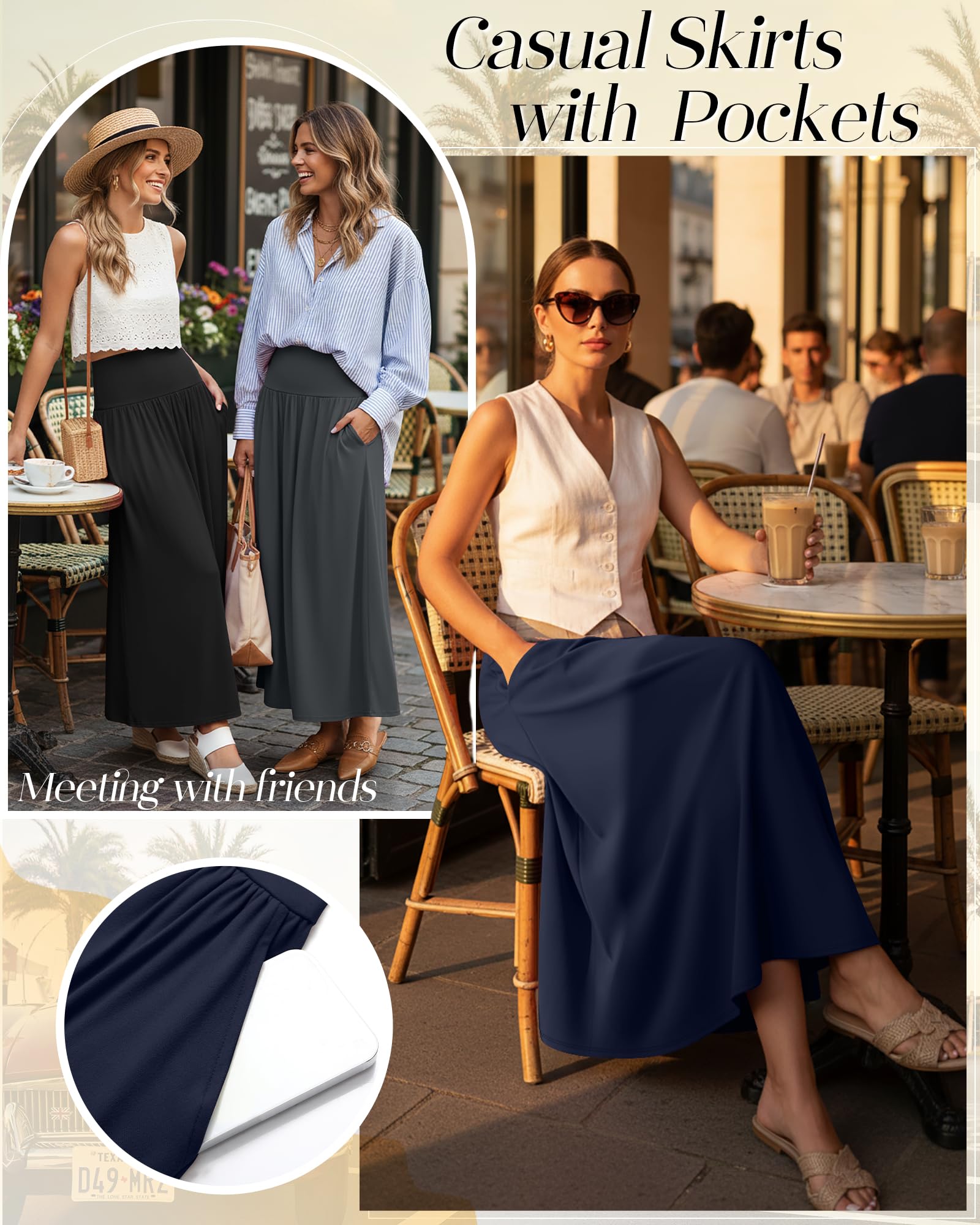 Ficerd Lot de 3 Jupes Longues Maxi pour Femmes, Longueur Cheville, Taille Haute, Coupe Trapèze Fluide, Poches, Été