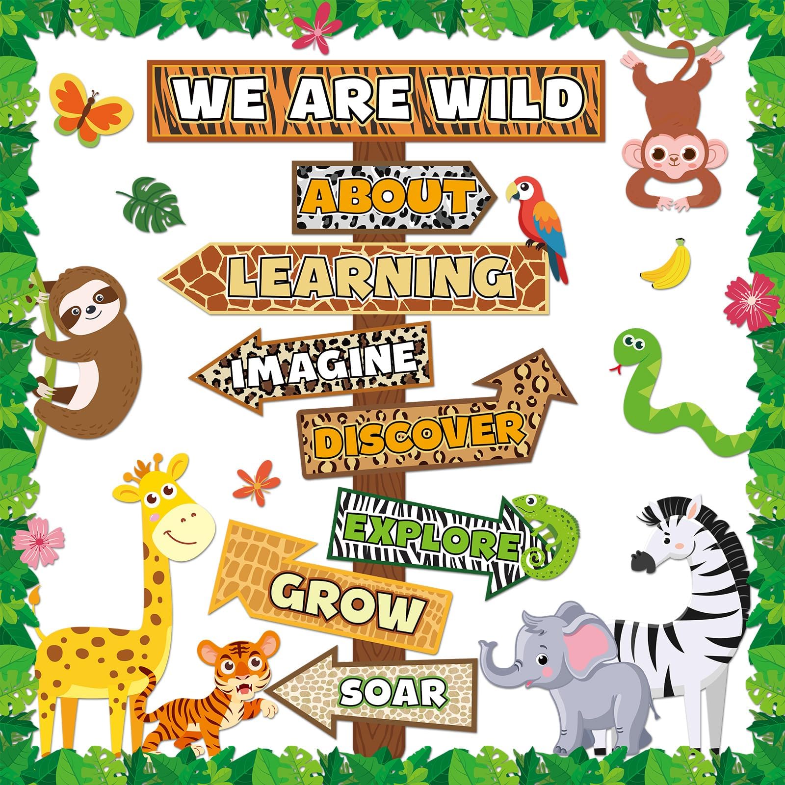 We are Wild About Learning Bulletin Board Set Jungle Animals Signpost Classroom Decorations Wild Monkey Elephant Animals Paper Cutouts for Teacher
