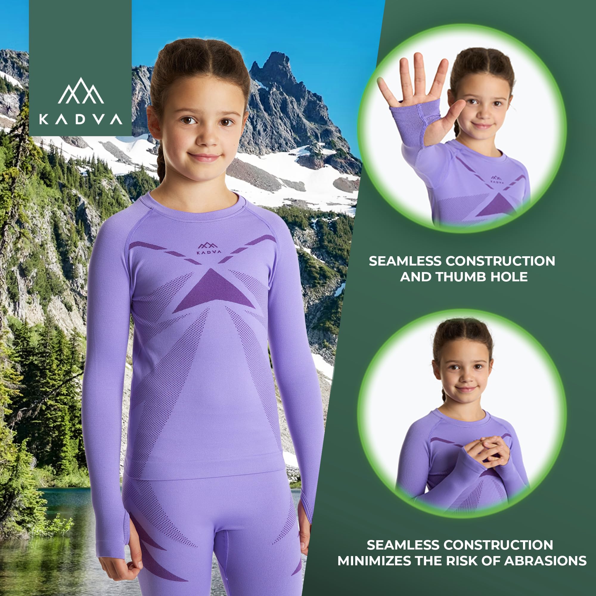 KADVA – Completo Intimo Termico Bambino – AlpineStep Thermo Light Plus Base Layer Viola con Maglia Maniche Lunghe Senza Cuciture e Leggings per Il Freddo