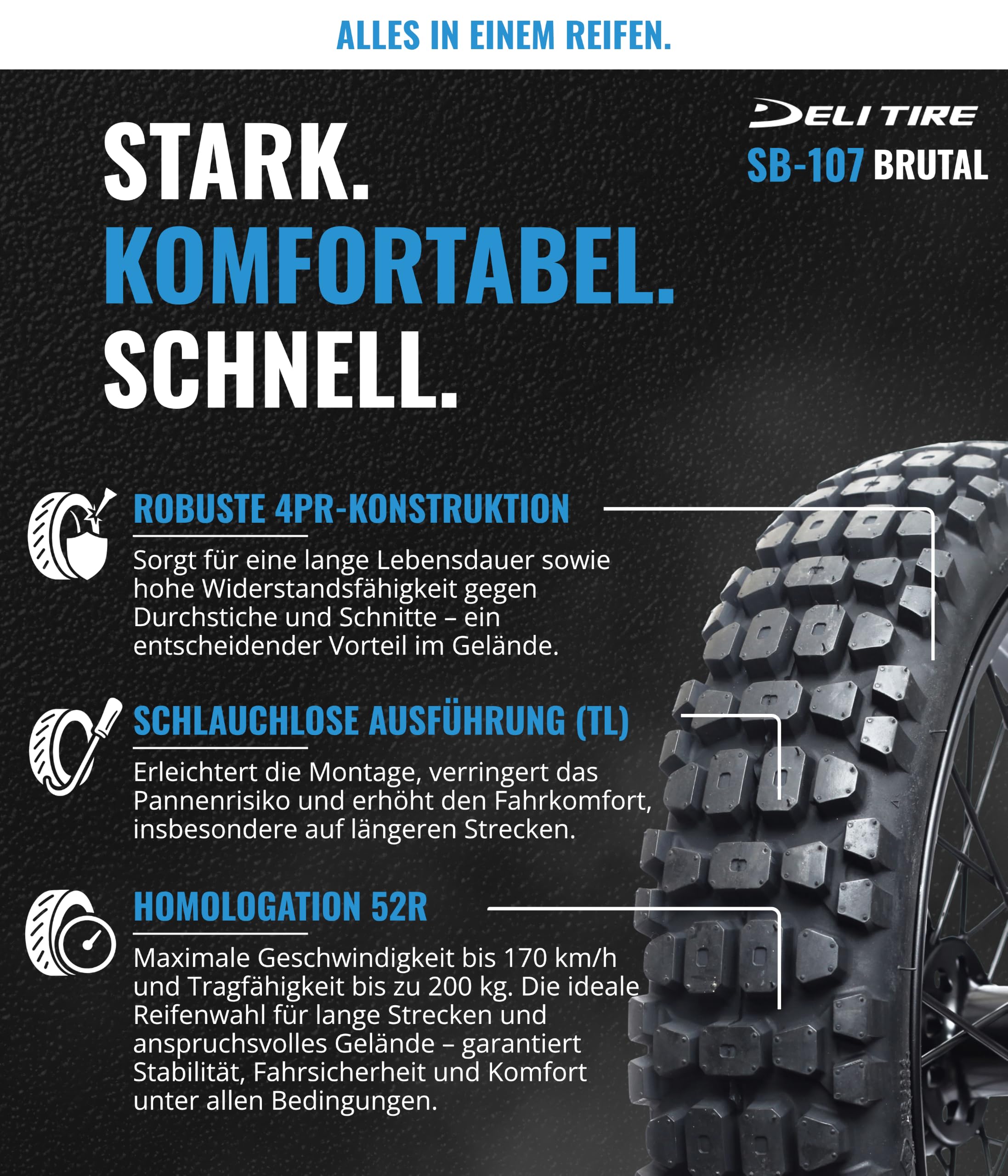DELI TIRE Schlauchlos Motorradreifen 100/80-17 Vorne/Hinten - Ganzjahresreifen 52R für Cross Enduro und Tourenmotorrad SB-107 BRUTAL - Allwetterreifen TL für Spikes - Winterreifen für Touren