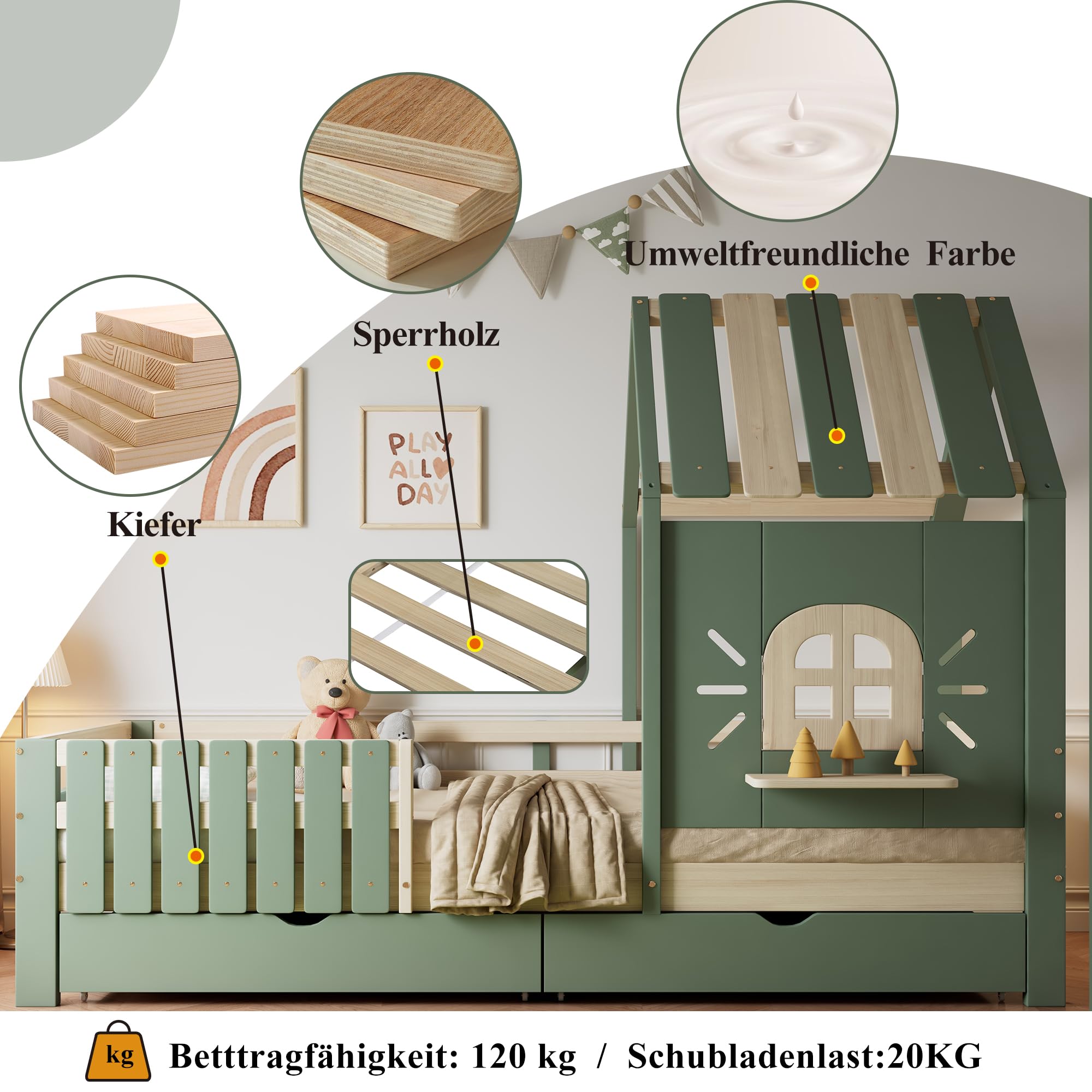 Kinderbett 90x200 cm, Holzbett mit 2 Schubladen, Hausbett mit Dach und Fenster, Bettgestell mit Lattenrost, für Mädchen Jungen, Grün, ohne Matratze