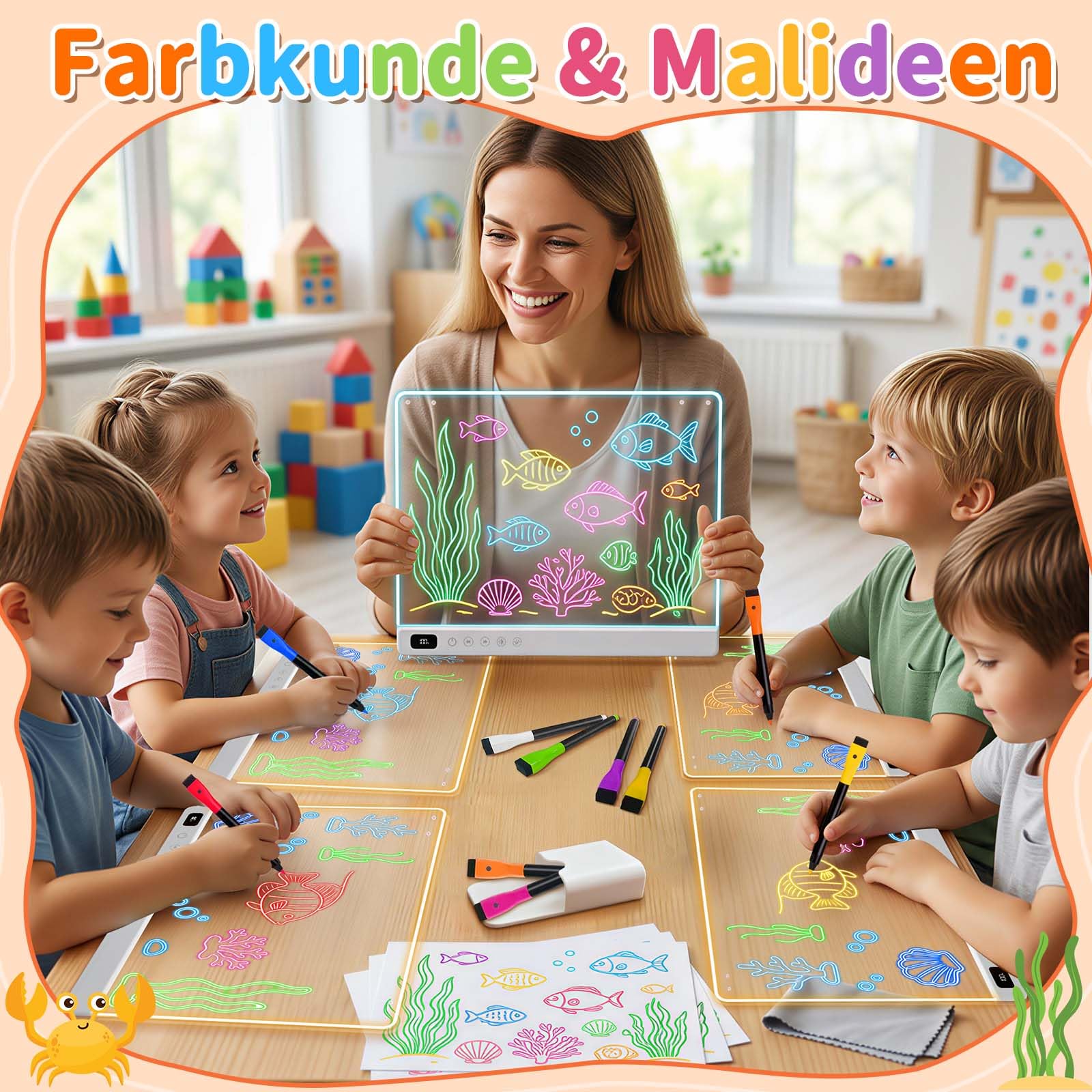 LED Zeichenbrett Kinder, Wiederaufladbare Leuchttafel mit 13 Lichtmodi, Kreatives Lernspielzeug für Mädchen Jungen 4-8 Jahre, 35 x 25 cm LED Maltafel mit Klappständer & Neon Stiften