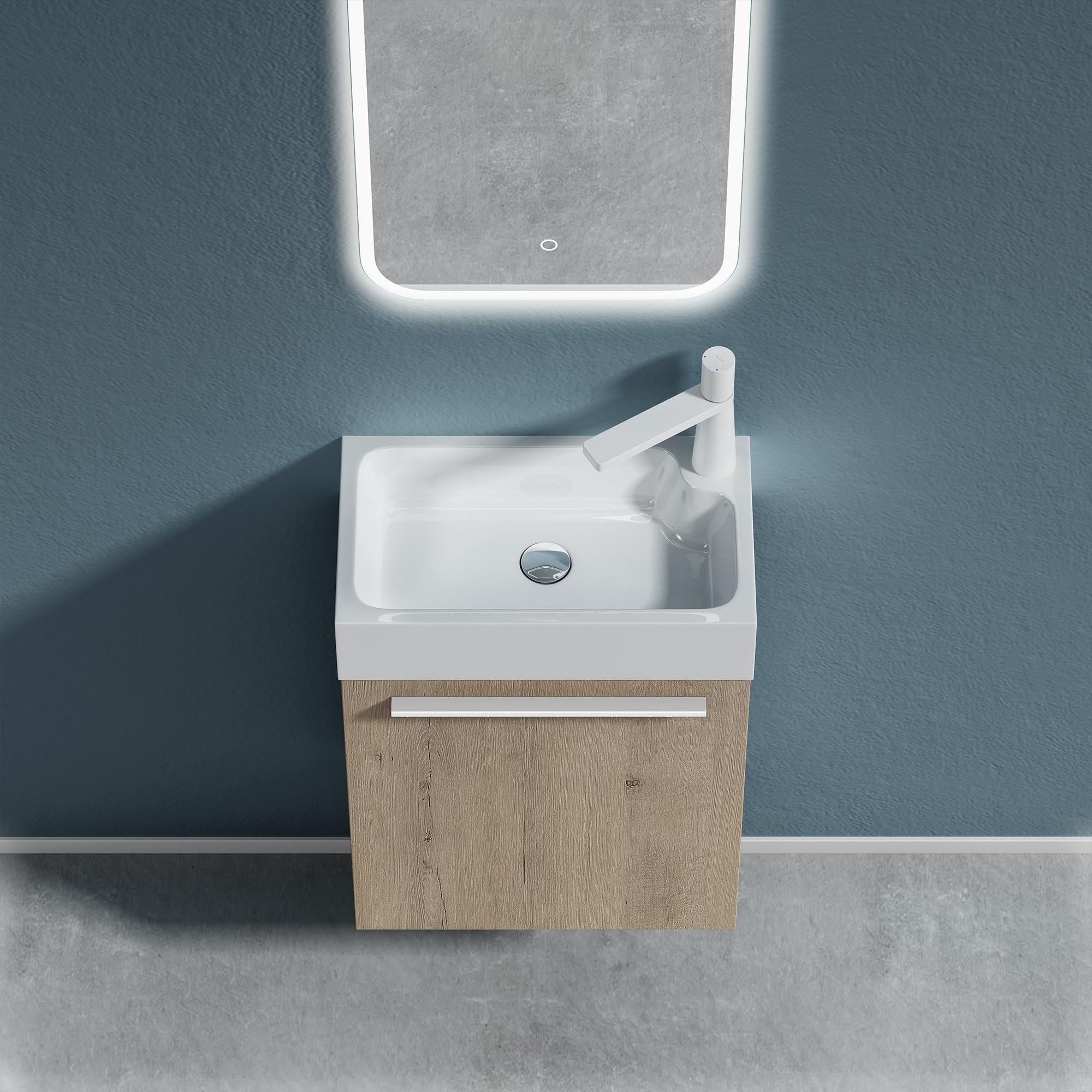 doporro Badezimmer-Set Waschplatz Badmöbel-Set Gäste WC Waschbecken Waschtisch mit Unterschrank in Eiche Greige Waschbeckenunterschrank 46x26x63cm Pisa