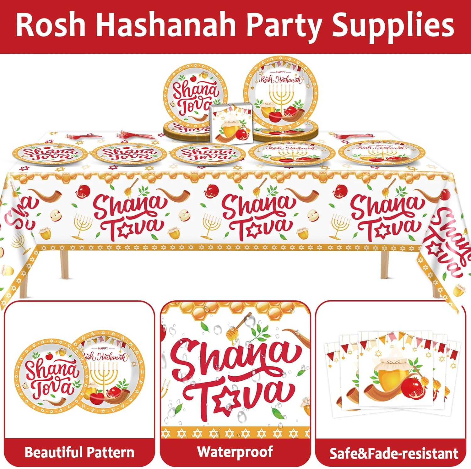 98 Pcs Rosh Hashanah Party Supplies Jewish New Year Plates Shana Tova Party Tablecloth Rosh Hashanah Party Decorations for Kitchen High Holy Day Tableware Paper Forks Napkins Plates for 24 Guests