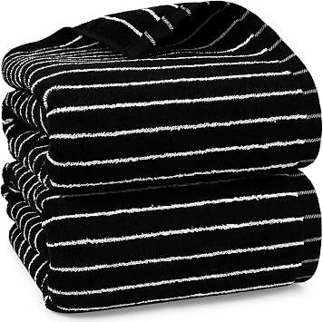 Black Bath Towels Set of 2, Striped Towels for Bathroom, Beach & Shower