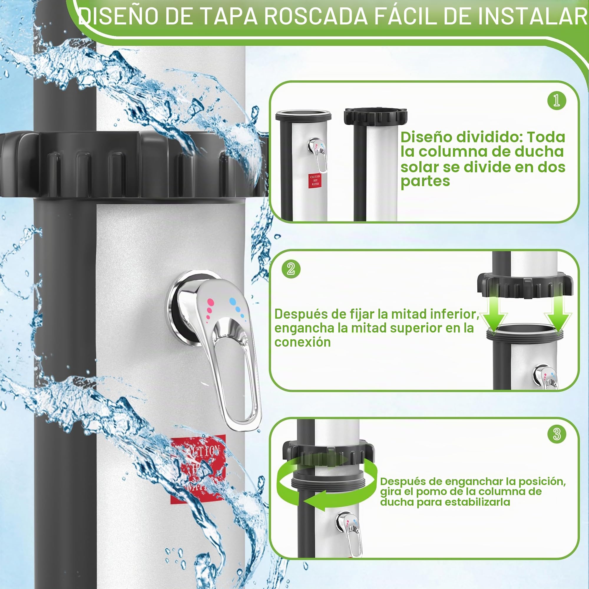 UISEBRT Ducha solar 35 litros - Ducha de jardín Agua caliente solar , Ducha exterior Ducha de piscina Camping incl. grifo Ducha Conexión para manguera de jardín (Negro+Plata)