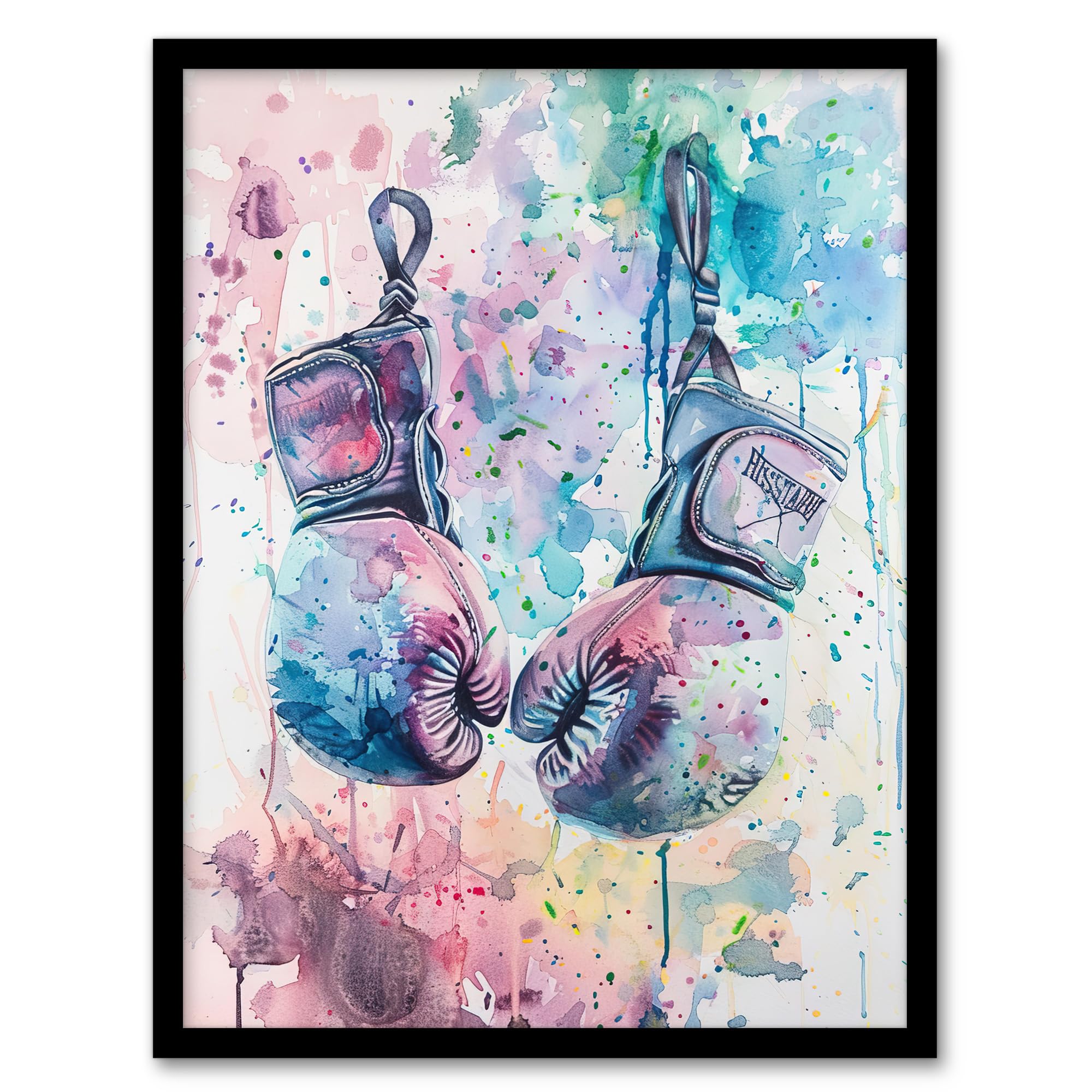 Artery8 Boxing Gloves Pastel Watercolour Splash Painting Framed Art Print - A4 Size