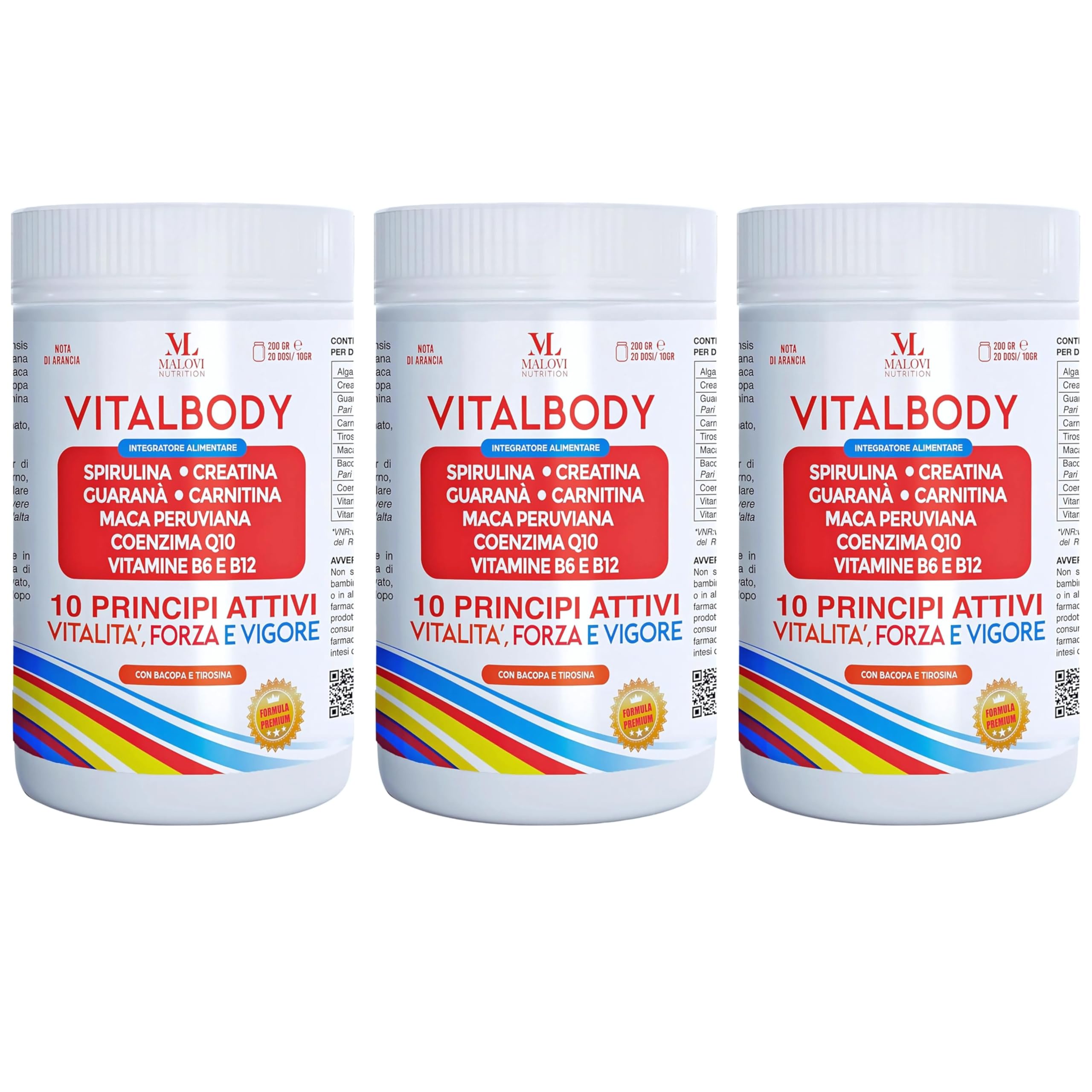 MALOVI Vitalbody 200 Gr Integratori Energia Stanchezza Fisica E Mentale, Integratore Memoria E Concentrazione,Con Spirulina Creatina Carnitina Guarana Maca Bacopa Monnieri Coenzima Q10 Vitamina B6 B12