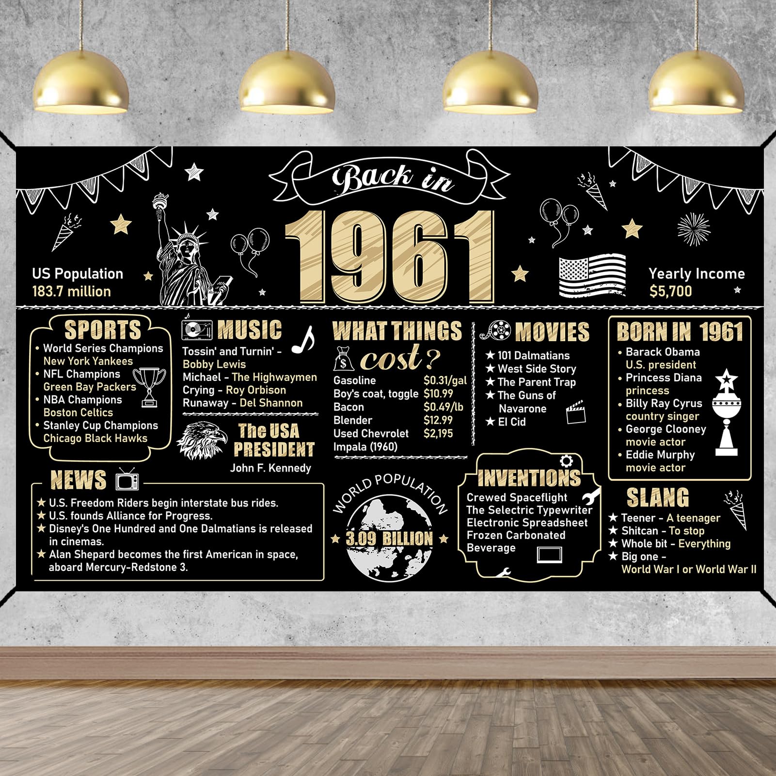 65th Birthday Decorations Back in 1961 Banner Backdrop for Women Men, Black Gold Happy 65 Birthday Sign Poster Party Supplies, Sixty-Five Year Old