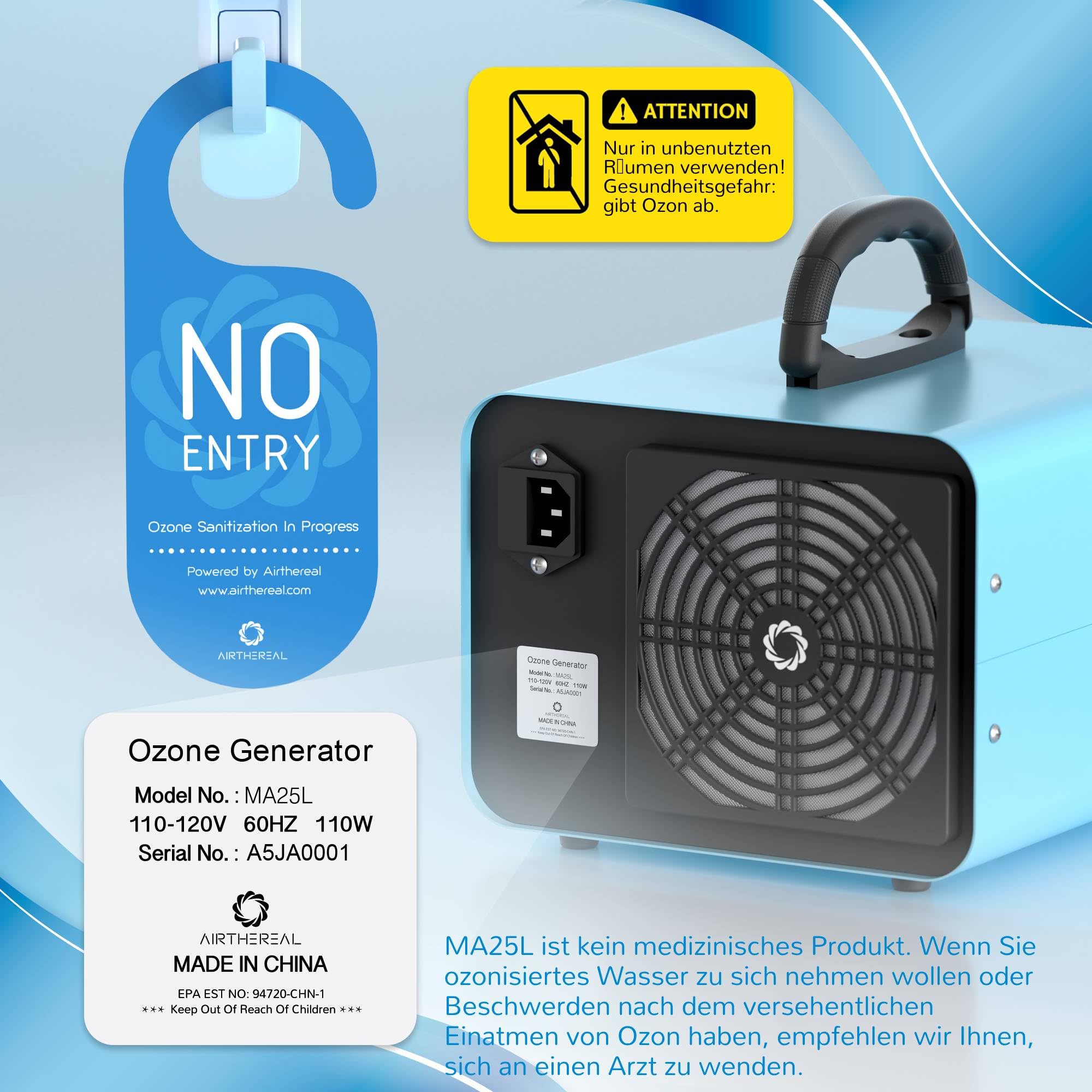 Airthereal MA25L Generator ozonu - urządzenie 2w1 do oczyszczania wody i powietrza, generator ozonu z dużą wydajnością do eliminacji zapachów - pokrywa do 370 m², ozonator do samochodu, mieszkania
