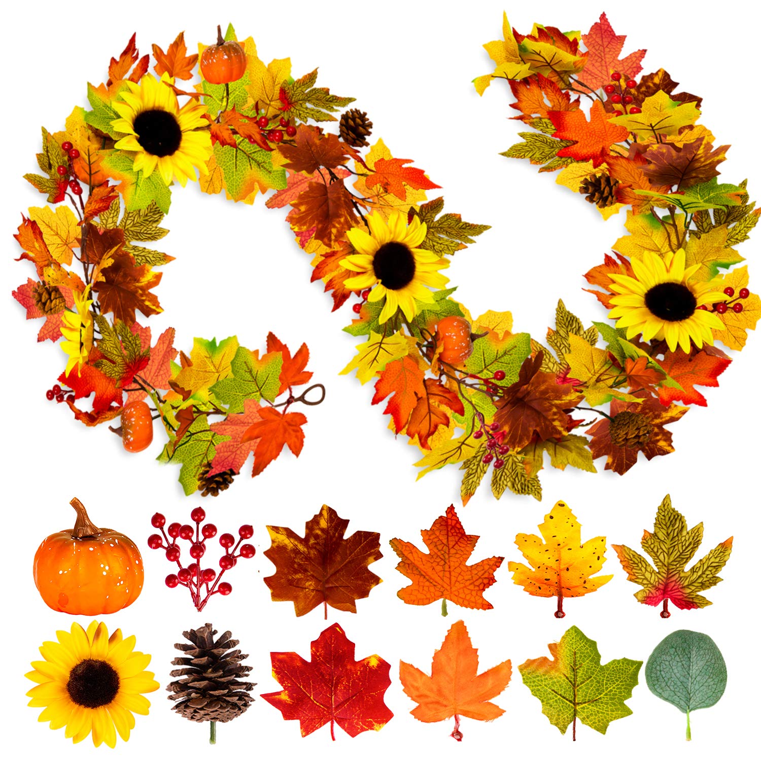 Whaline Artificial Fall Maple Leaves Garland Hanging Vine 6.23Ft Fake Sunflower Pumpkin Pine Berries Autumn Decoration with 2 Hooks Fall Foliage Garland for Thanksgiving Fireplace Door Yard Backdrop