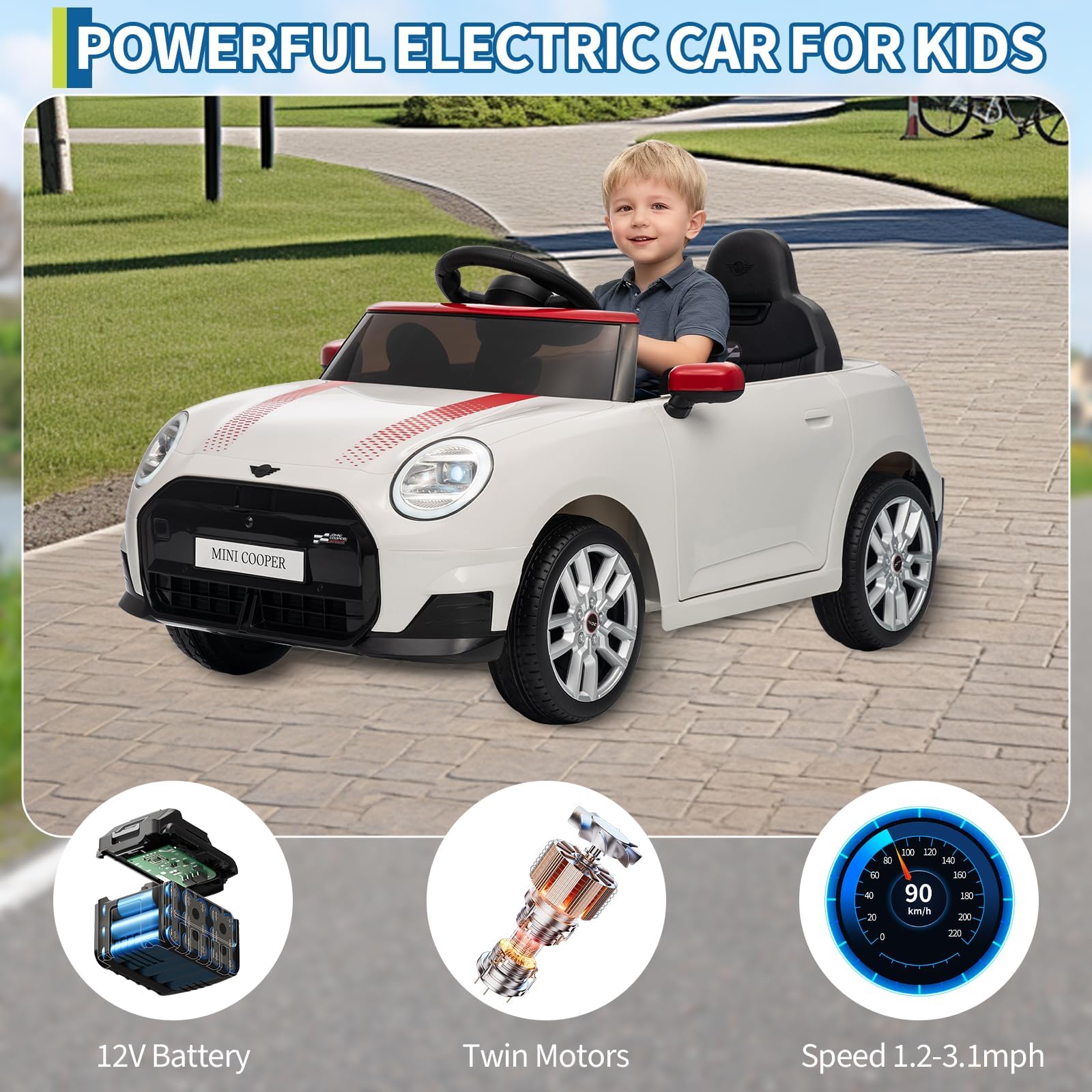 Coche Eléctrico para Niños 12V con Licencia, Mando a Distancia 2,4G, LED, Música, USB, Blanco