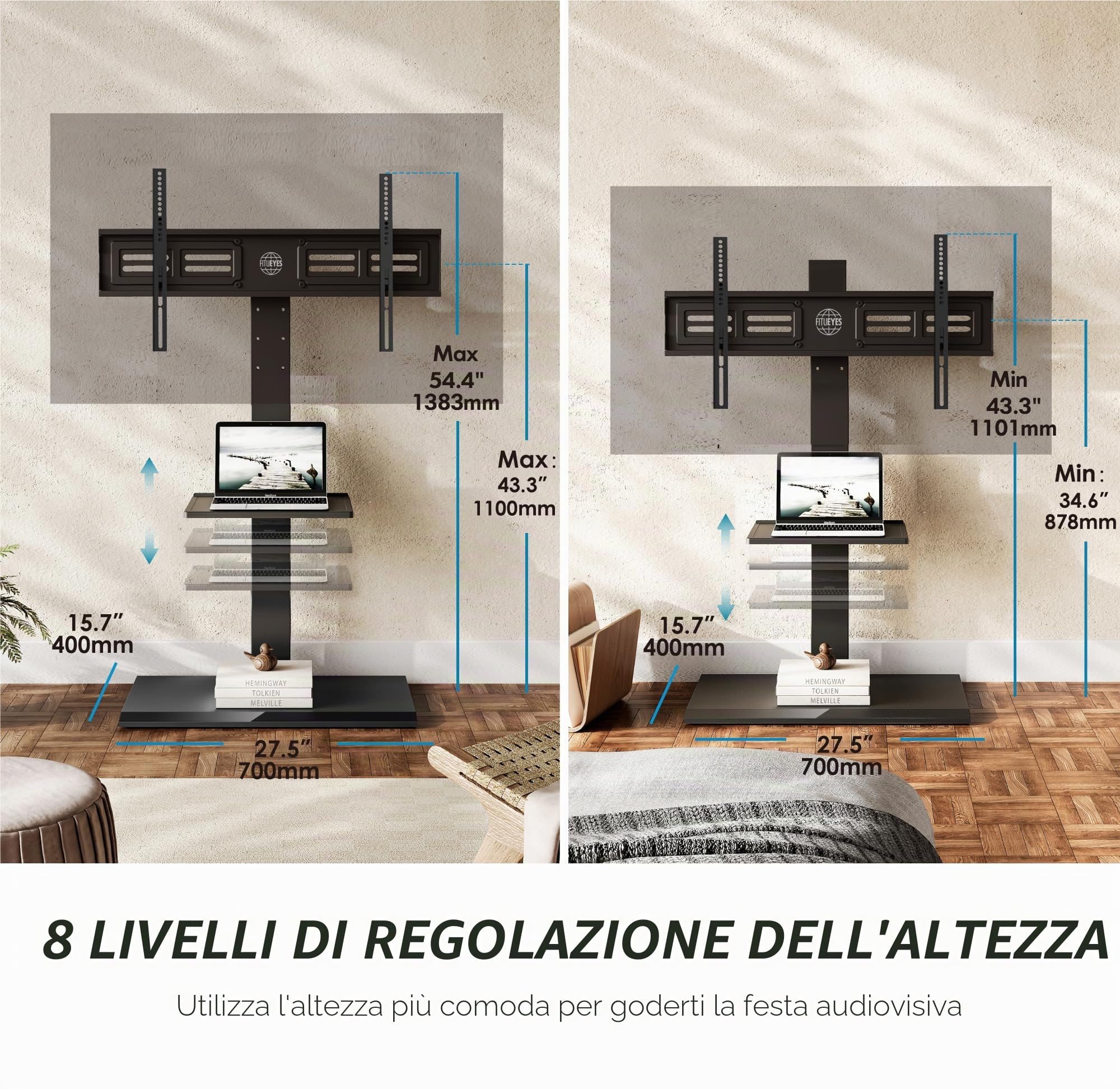 FITUEYES Porta TV da Terra Ferro Base per 50-85 Pollici, Girevole Supporto TV da Pavimento con 2 Ripiani, Supporto TV da Terra Max VESA 800x400mm