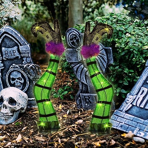 Miniatura 7 de Juegoal Juego de 2 patas de bruja malvada iluminadas de Halloween con estacas, accesorio de bruja de oropel iluminado de 22 pulgadas, temporizador