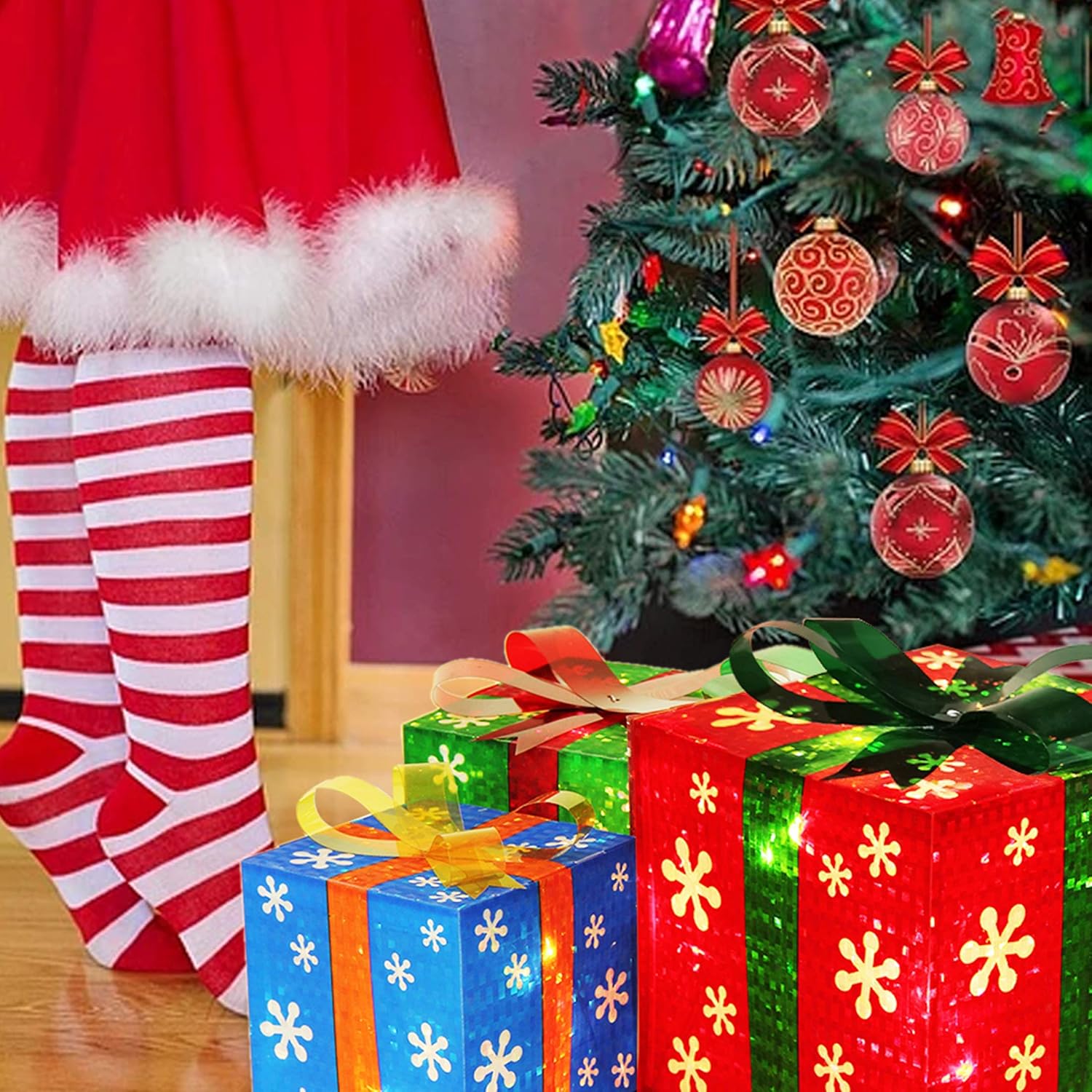 ATDAWN Set of 3 Lighted Gift Boxes Christmas Decorations, Red Green and Blue Present Boxes, Christmas Home Gift Box Decor