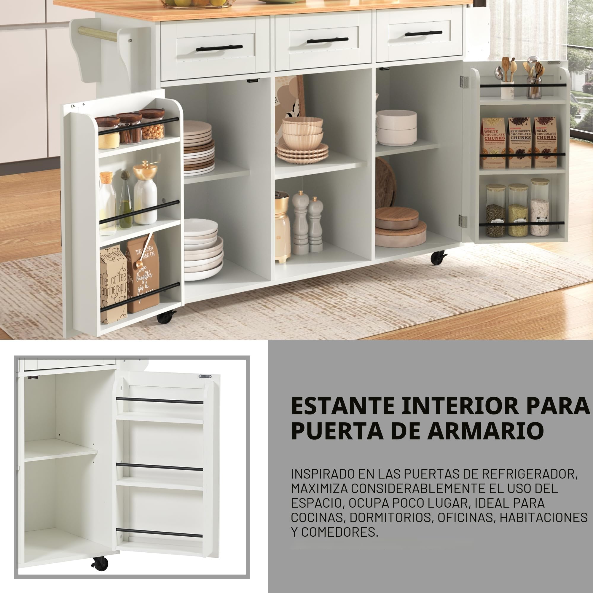 Isla de cocina con superficie de trabajo abatible, isla de cocina móvil con carro de servir sobre ruedas con 3 cajones/2 compartimento cerrado/patas intercambiables de madera maciza, 129x46(71