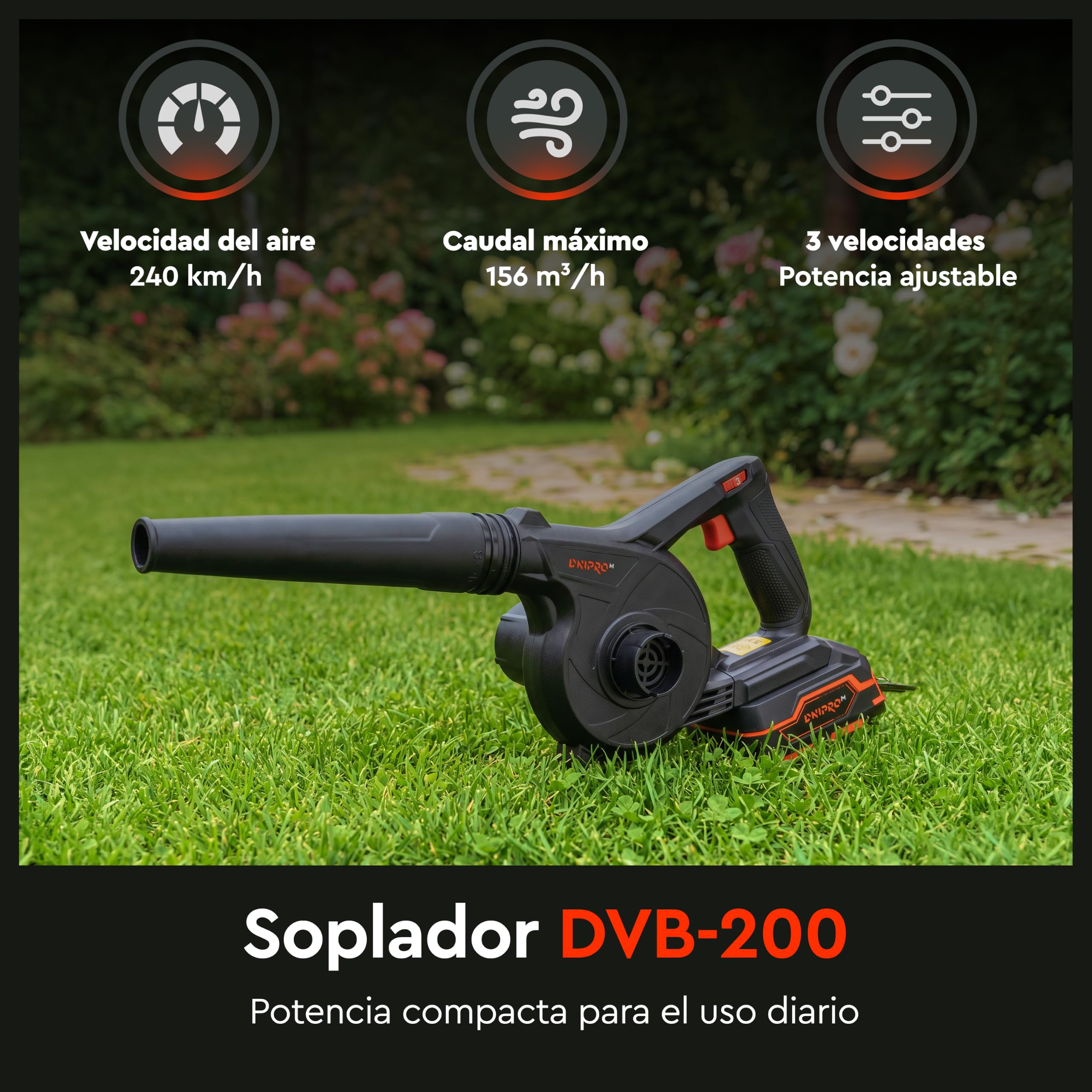 Soplador de Hojas a Batería DVB-200 - Sopla Hojas, Hierba Seca y Residuos Ligeros del Jardín - Muy Ligero de Solo 1 kg - hasta 240 km/h de Potencia - Incluye Batería de 4Ah y Cargador - por Dnipro-M