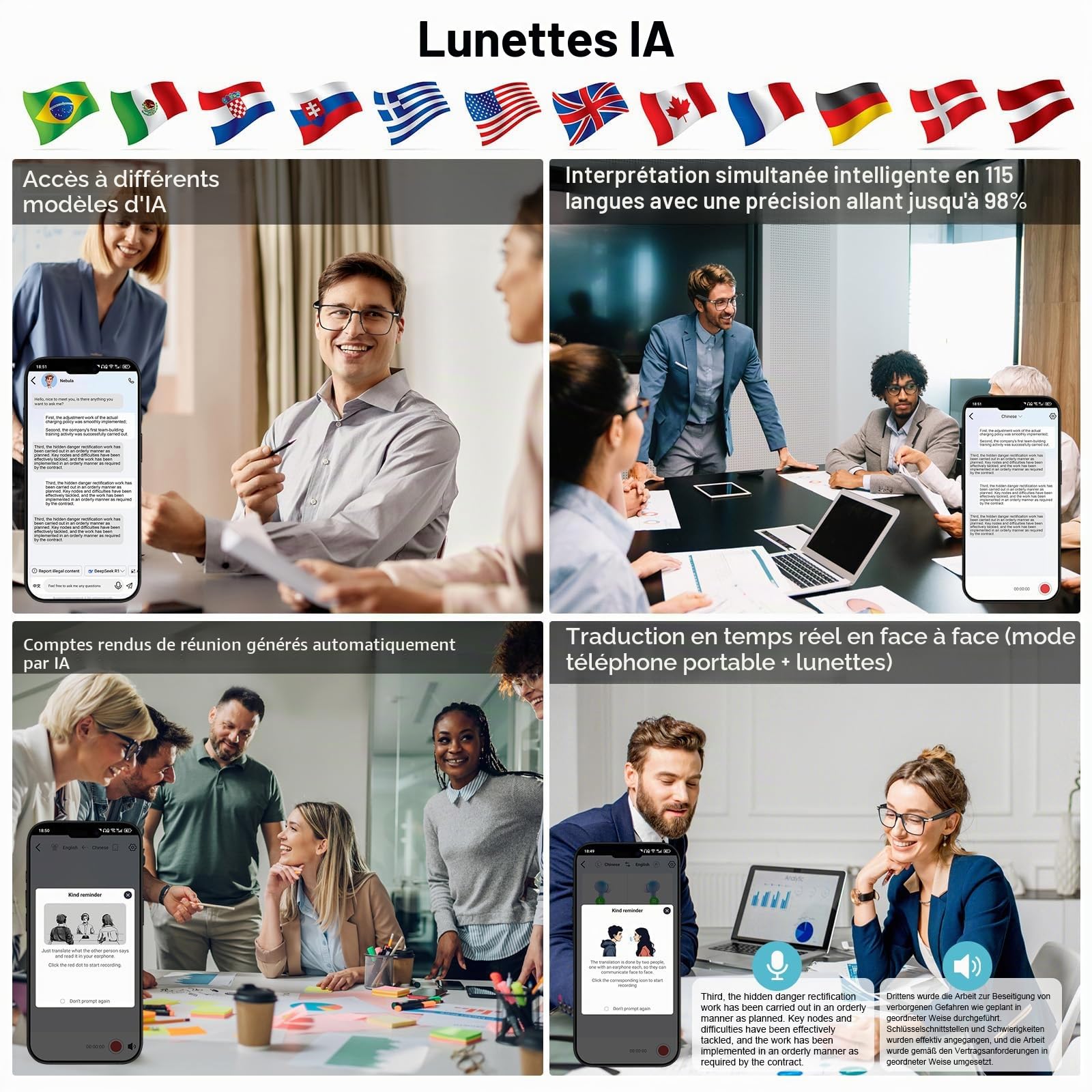 Lunettes Intelligentes, Lunettes de Soleil Bluetooth IA pour Hommes et Femmes avec Traduction en Temps