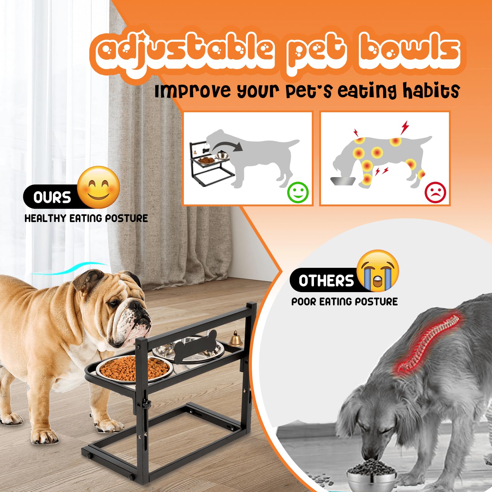 SHAINFUN Elevated Dog Bowls for Medium Dogs and Cats - Raised Cat or Dog Bowl Stand with Adjustable Height and Two Stainless Steel Food Bowls - Ideal for Medium and Small Dogs and Cats.