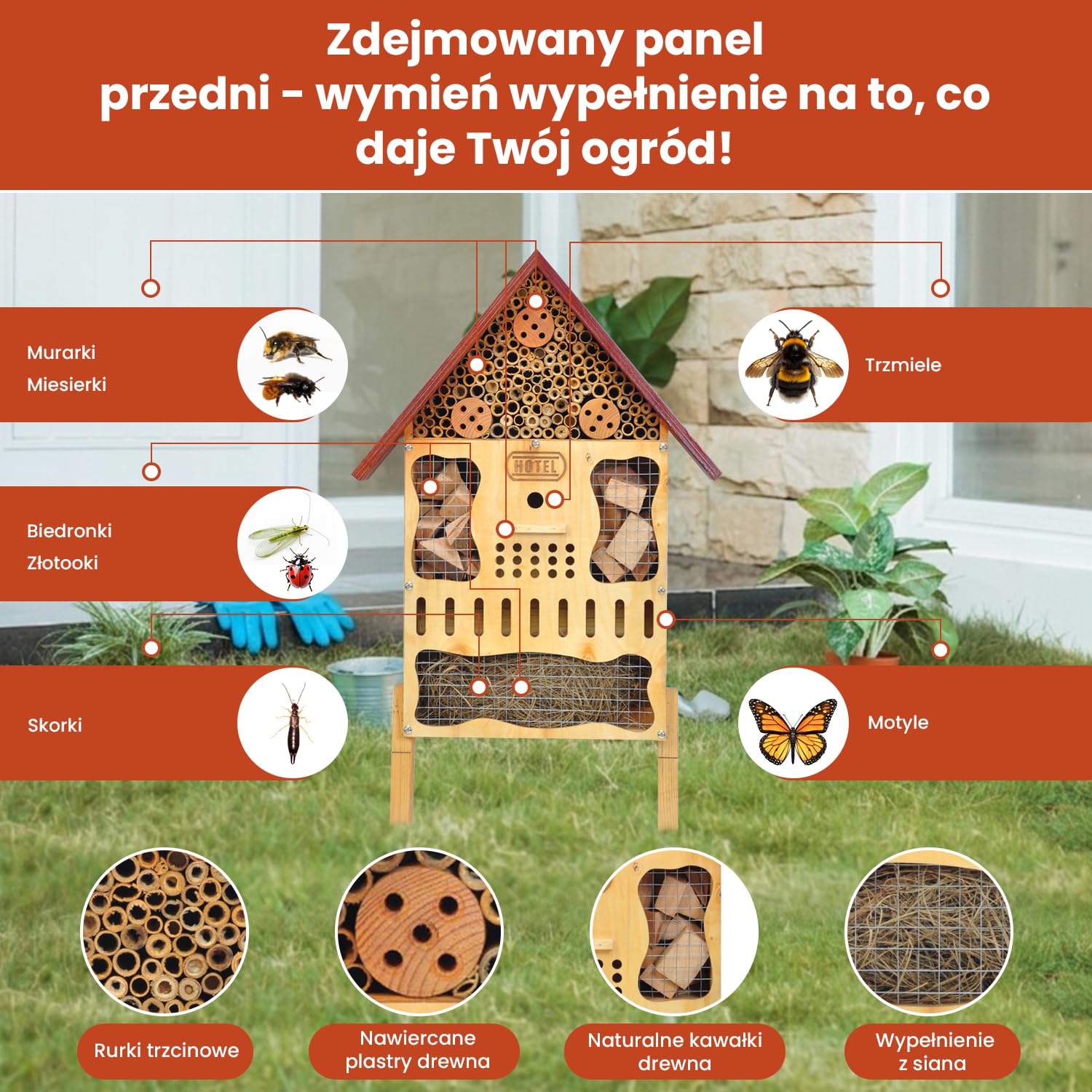Duży Odporny Na Warunki Atmosferyczne Drewniany Hotel Dla Owadów XXL – Hotel Dla Pszczół Do Zawieszenia Lub Na Nóżkach, Domek Dla Dzikich Pszczół I Trzmieli Z Wyjmowanym Panelem Przednim