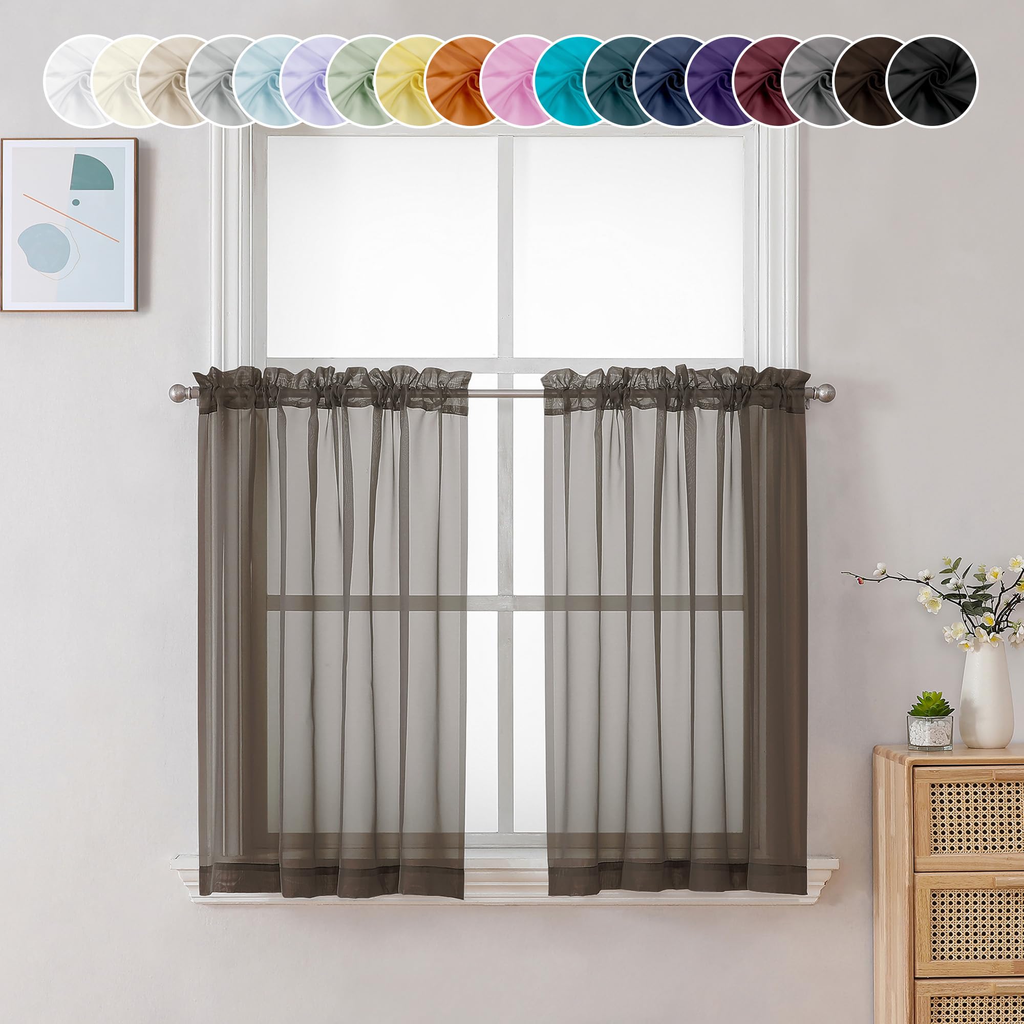 Chyhomenyc Sheer Chocolate Brown Tier Curtains, 24 Inch Length, Small Window Treatment for Bathroom, Living Room, Basement, Short Rod Pocket Cafe Curtains, 42W x 24L Inches, 2 Panels