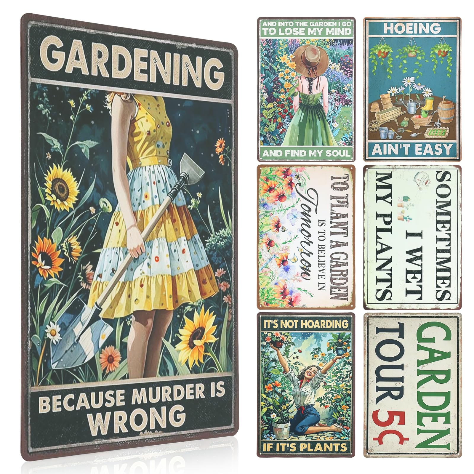 JETHMA 7 Pack Funny Metal Garden Sign Outdoor Decor 11.81x7.87 Inch Vintage Garden Tin Sign For Outside Unique Gardening Present for Women Greenhouse Decor and Yard Decoration for Plant Lovers