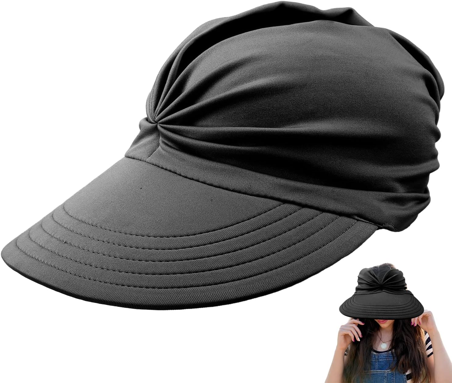 LUTERSun Visor Ponytail Hat, Foldable Wide Visor of a Cap Sun Visors, Summer Protect from Sun Soft Golf Hat Women Visor Pool Visors for Women for Outdoor Sports Tennis Running Beach Games (Black)