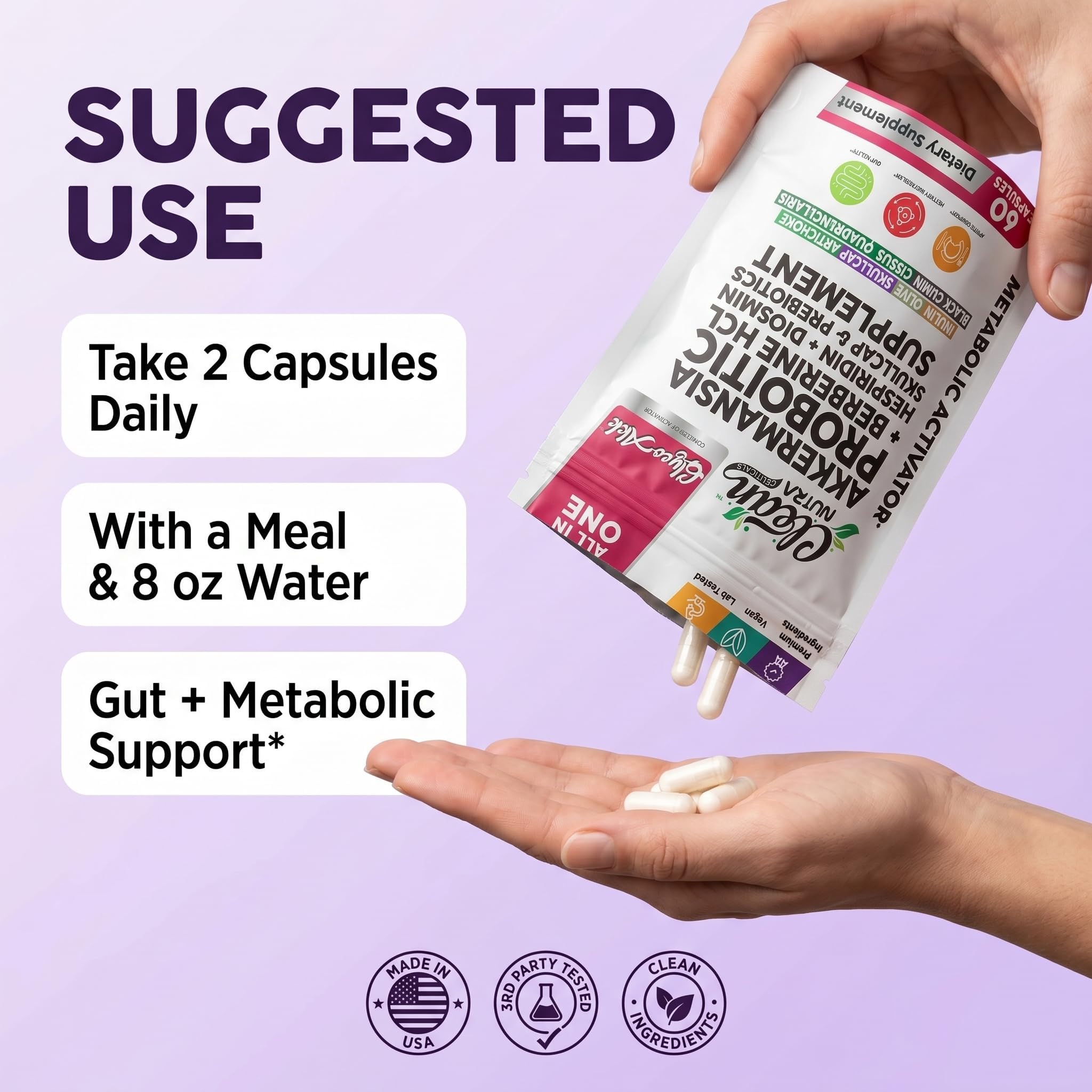 Clean Nutra Glyco Akk Akkermansia Probiotic with Berberine HCL, Hesperidin & Diosmin, Skullcap and Prebiotics Capsules, All-in-One Formula, Vegan, Lab Tested, 60 Count Capsule — Amazon image 5