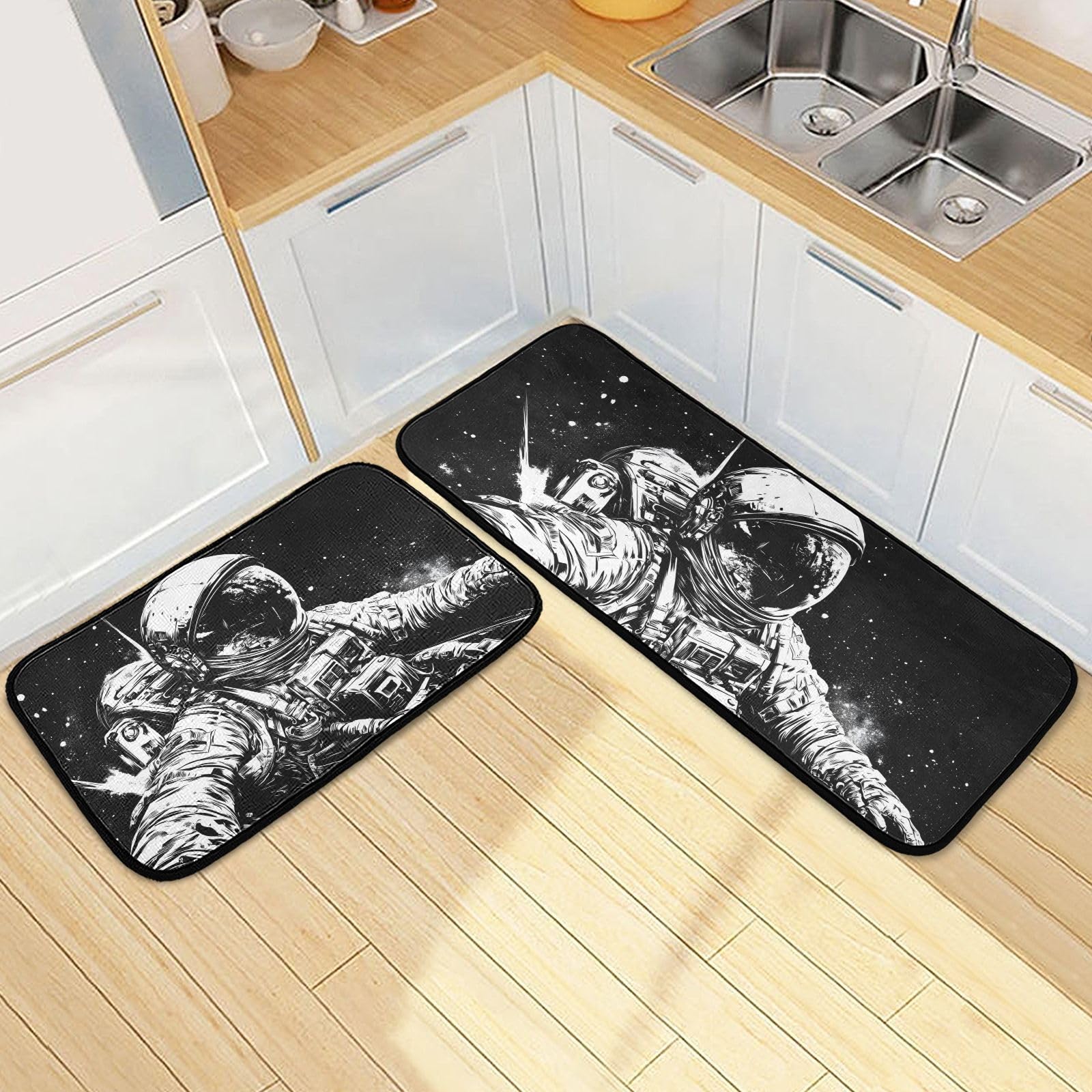 PDZRMY Astronaut Float Black White Kitchen Mats for Floor, Set of 2, Washable Non Slip Kitchen Rugs for Kitchen Decor, Sink, Office 19.7” x 27.6” +