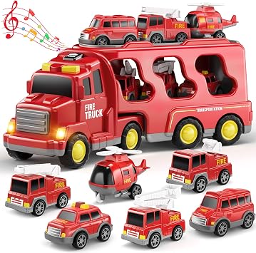 Fire Truck Toys for Toddler 1-3 3-5, Transport Car with Light Sound, 7-in-1 Fire Car Carrier Vehicle Set for Girls 1 2 3 4 5 6 Years Old, Birthdays Gifts for Kids Girls Aged 3-9