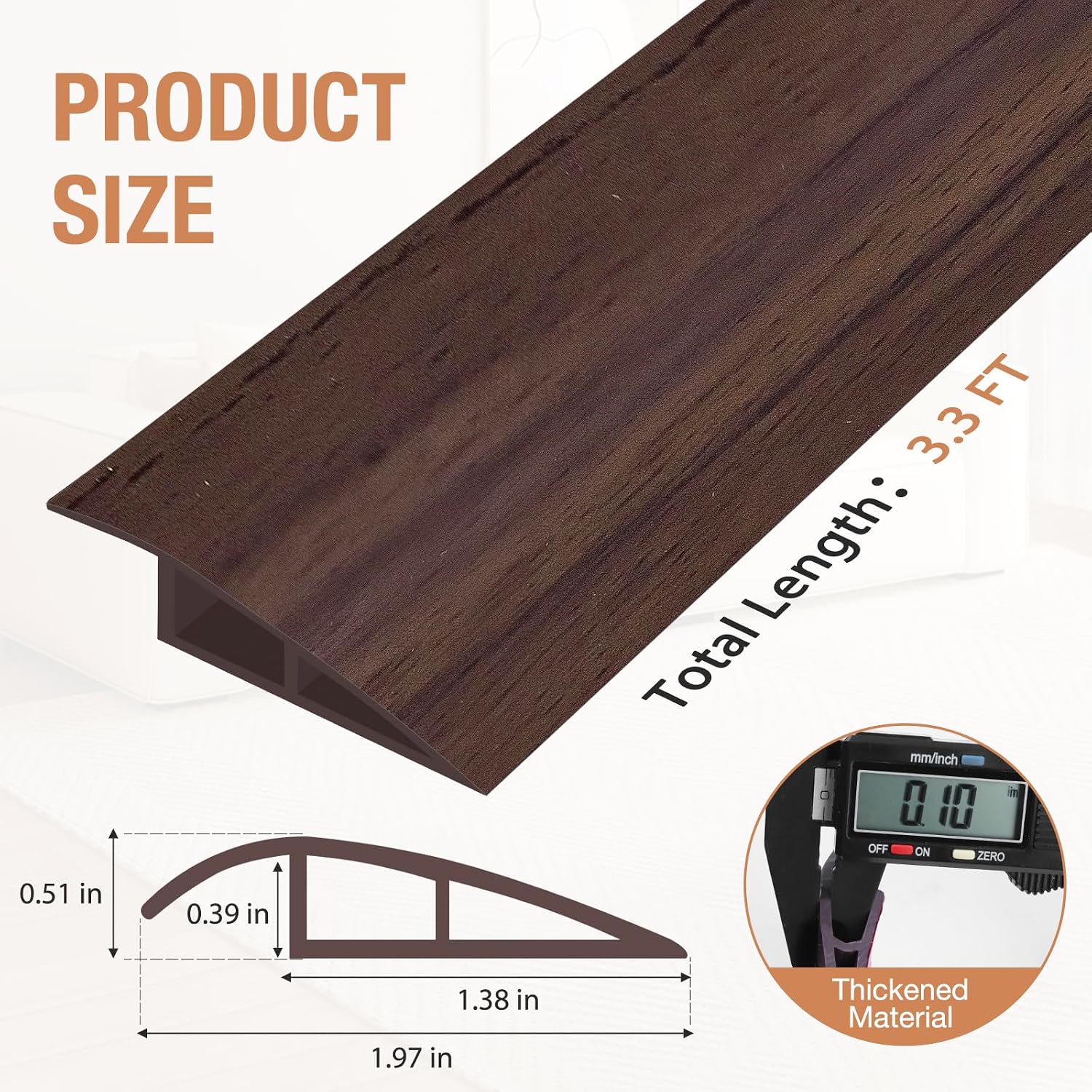 Floor Transition Strip Self Adhesive Vinyl Door Threshold Strip | Rubber Transition Strips for Doorways Reducer for Laminate Floor Carpet Tile, Deep Brown Wood Grain, 1/5" to 2/5", 3.3Ft