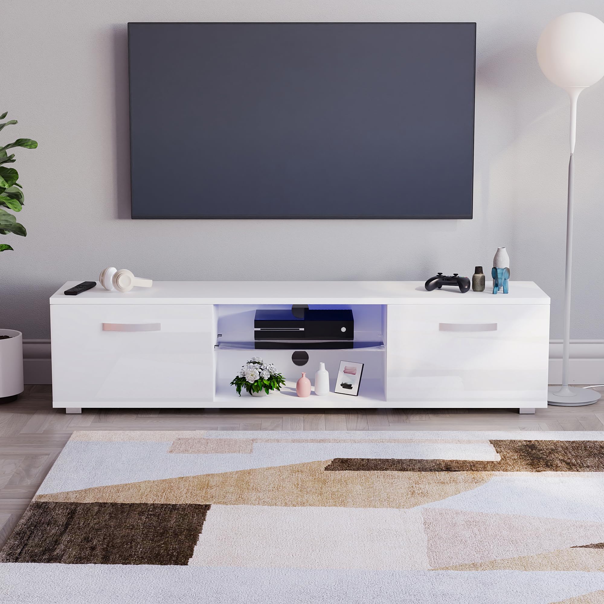 Vida Designs Cosmo - Mueble de TV LED de 2 Puertas Moderno Brillante MDF Mate para Sala de Estar, Mueble de Medios, Mueble RGB, Blanco Claro, 160 cm