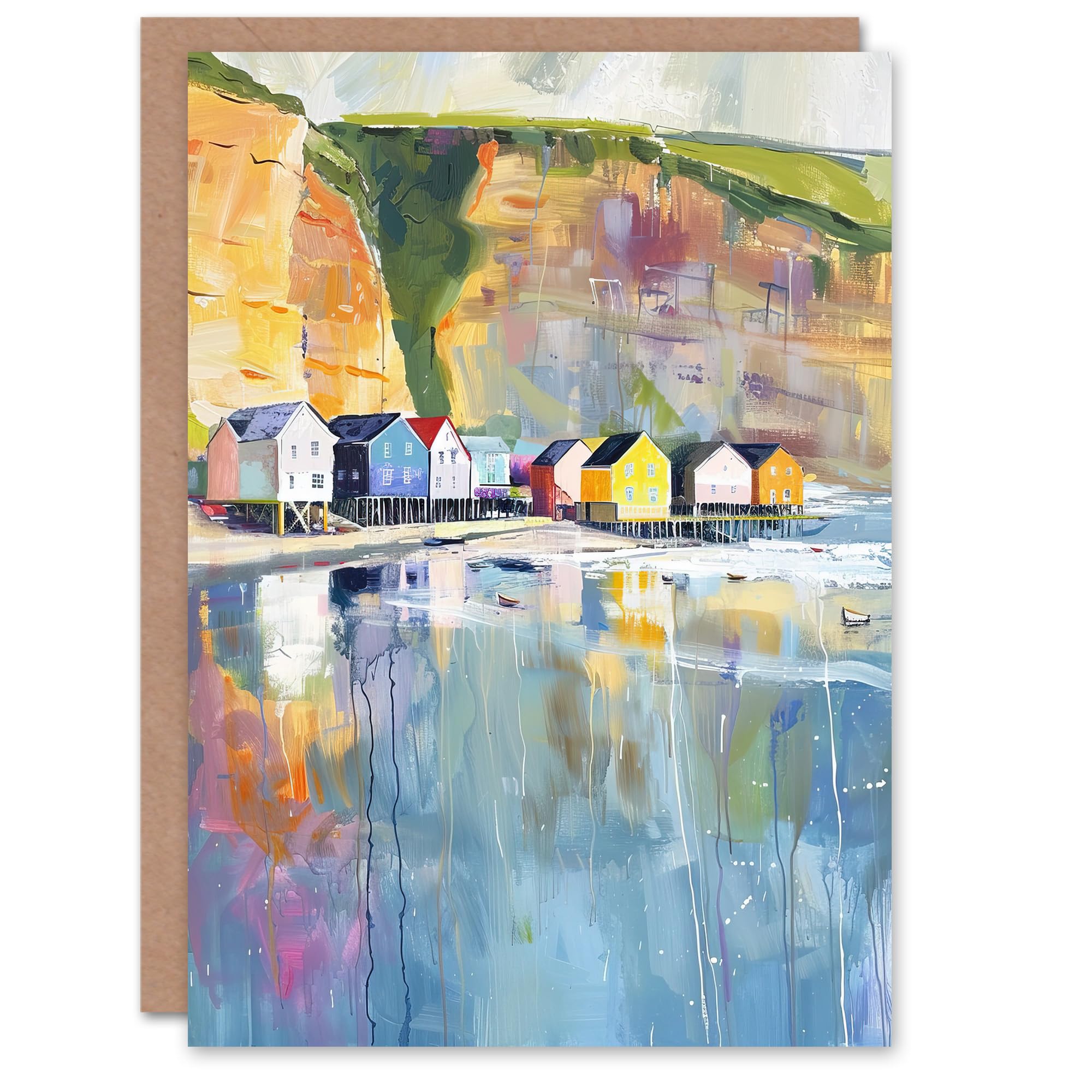 Artery8 Greeting Card Colourful Quaint Cliffside Beach Chalets Painting Blank For Him Or Her Art Birthday Card