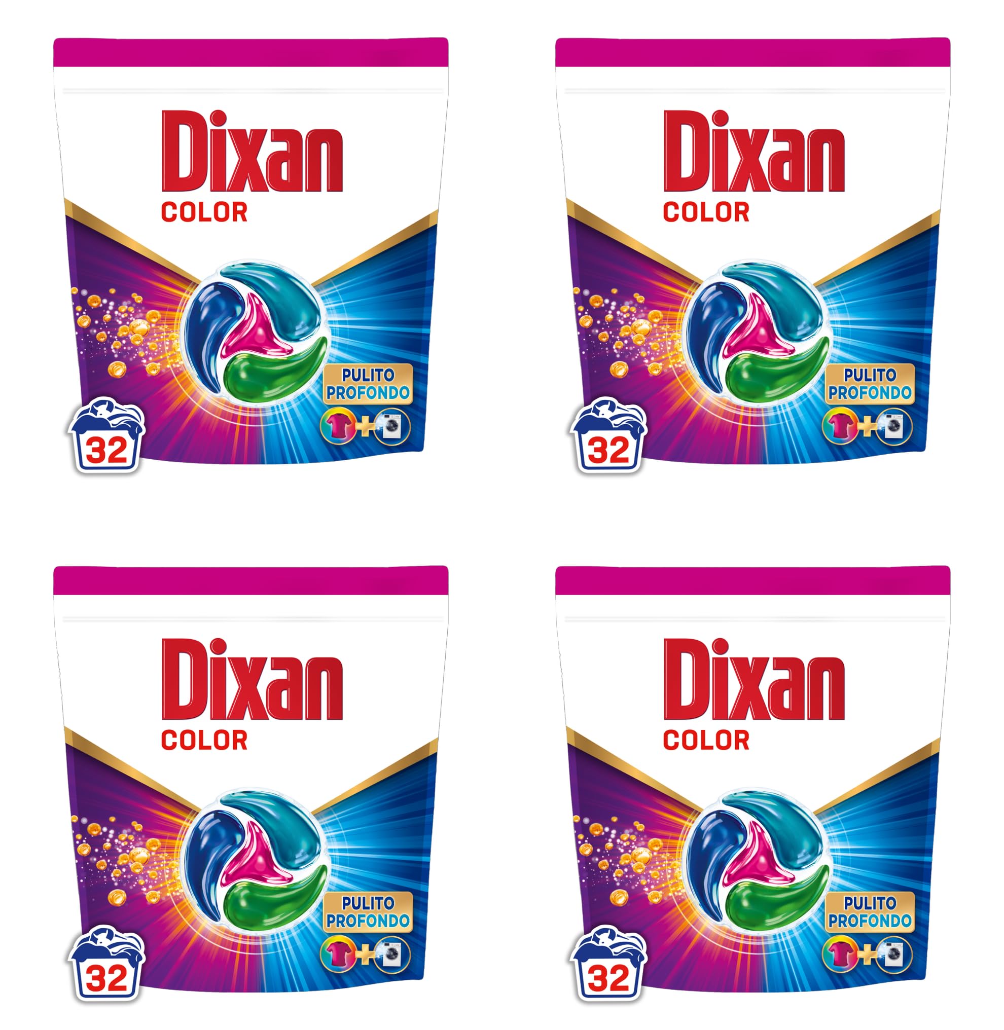 Dixan DISCS 4in1 Color Detersivo Lavatrice (32 Lavaggi), Capsule lavatrice per colori vivaci, pulizia profonda del bucato e freschezza igienica per la lavatrice, Rimuove le macchie da 20°C