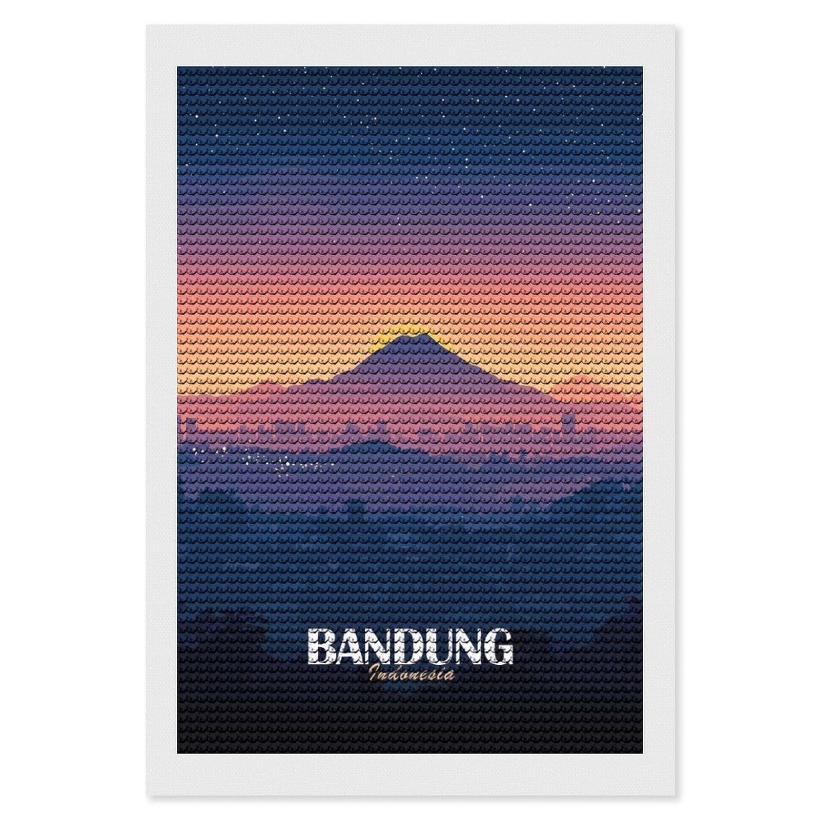 Junmoney Bandung, Indonesia Landscape Illustration Full Drill Diamond Painting Kit 8"x12", Sparkling Round Gems, Decorate Your Room, Mindful Craft Activity