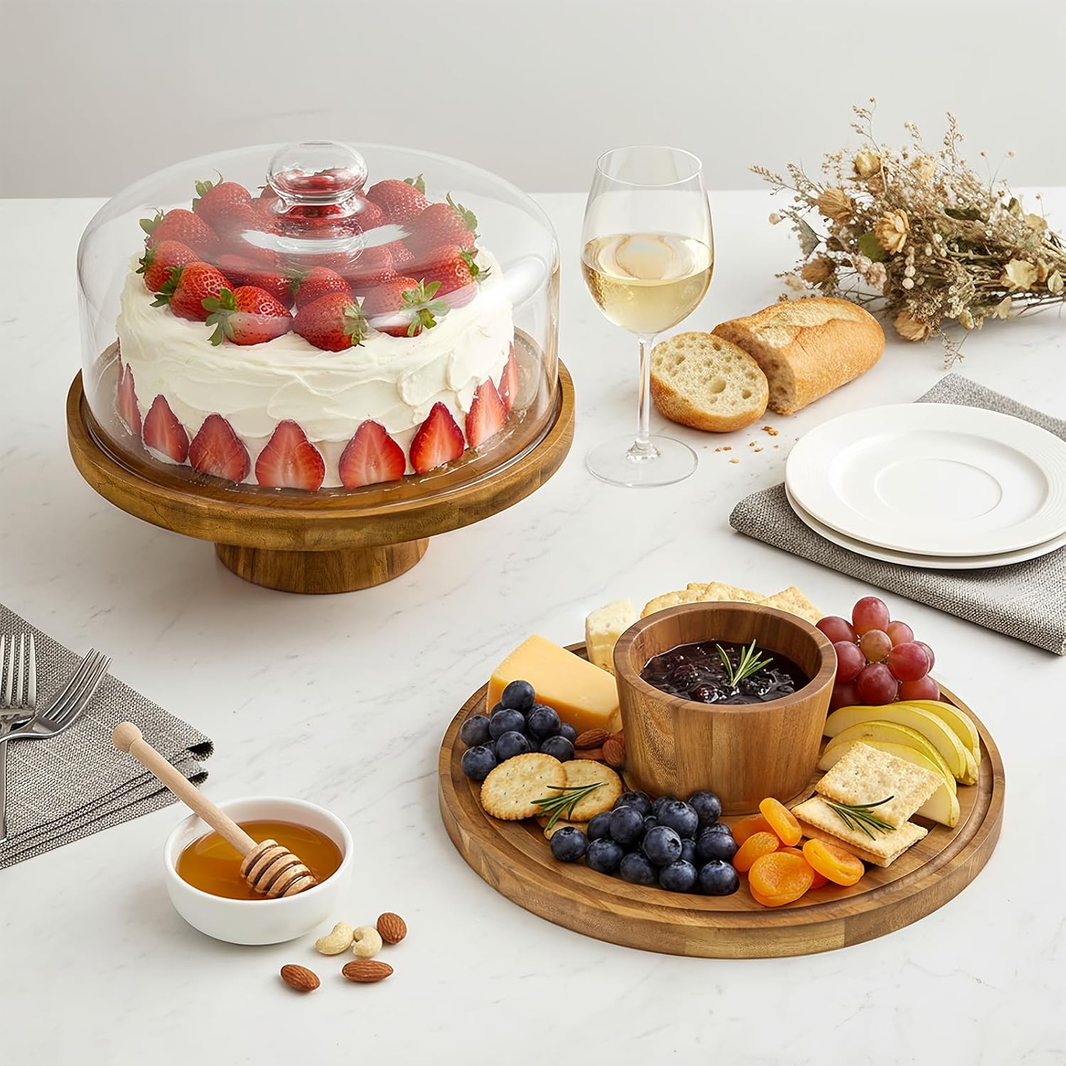 Acacia Wood Cake Stand with Lid, 12" Glass Cake Stand with Dome Cake Holder, 2-in-1 Dessert Table Display Set & Charcuterie Board for Weddings, Parties, Bakeries