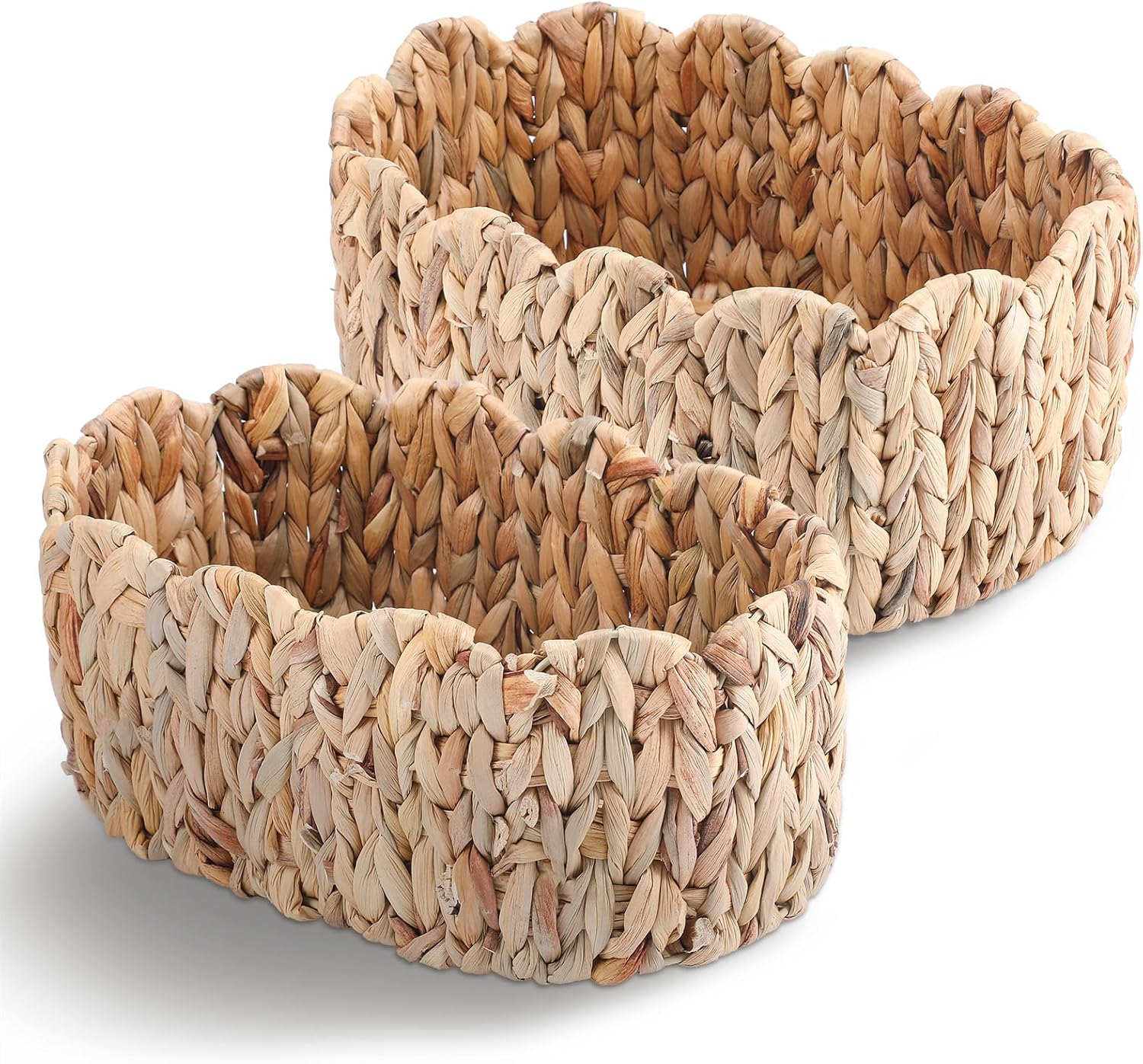 Chunful 2 Pcs Wicker Scalloped Baskets - Rattan Water Hyacinth Baskets for Organizing and Decor Hand Woven for Bedroom, Living Room, Laundry, Nursery Room