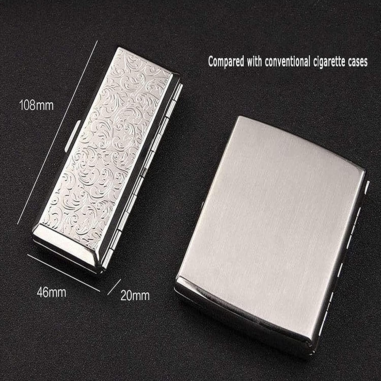 Metal Smoking Set, Portable Cigarette Case, Stainless Steel Material, with Cigarette Pressing Sheet, Double-Sided Printing, Can Store 10 Thick Cigarettes, for Smokers,Silver
