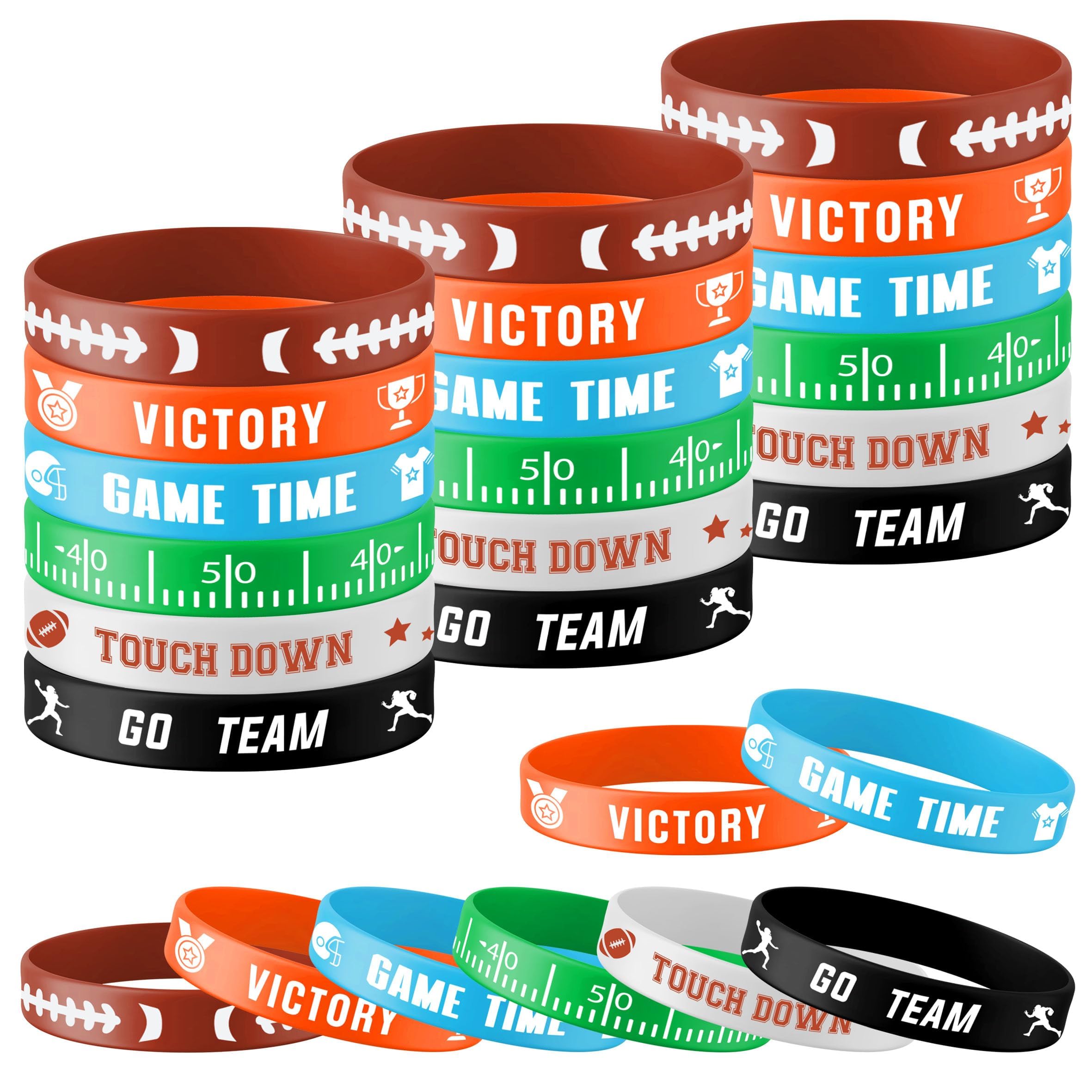 Lesnala 48 PCS Football Silicone Wristband Rugby Bracelets for Kids and Adults Motivational Sports Themed Party Supplies Classroom Rewards 6 Styles
