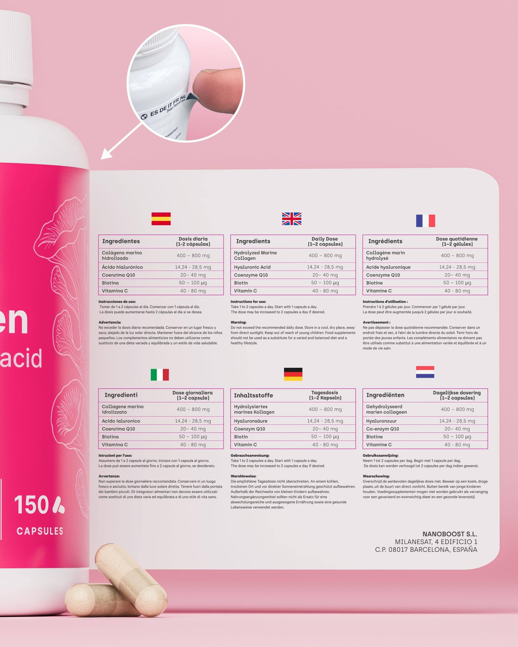 Colágeno Marino Hidrolizado Puro con Ácido Hialurónico, Vitamina C, Coenzima Q10 y Biotina - 150 Cápsulas, 5 Meses - Alta Biodisponibilidad - Péptidos Tipo I - Articulaciones, Piel, Pelo y Uñas